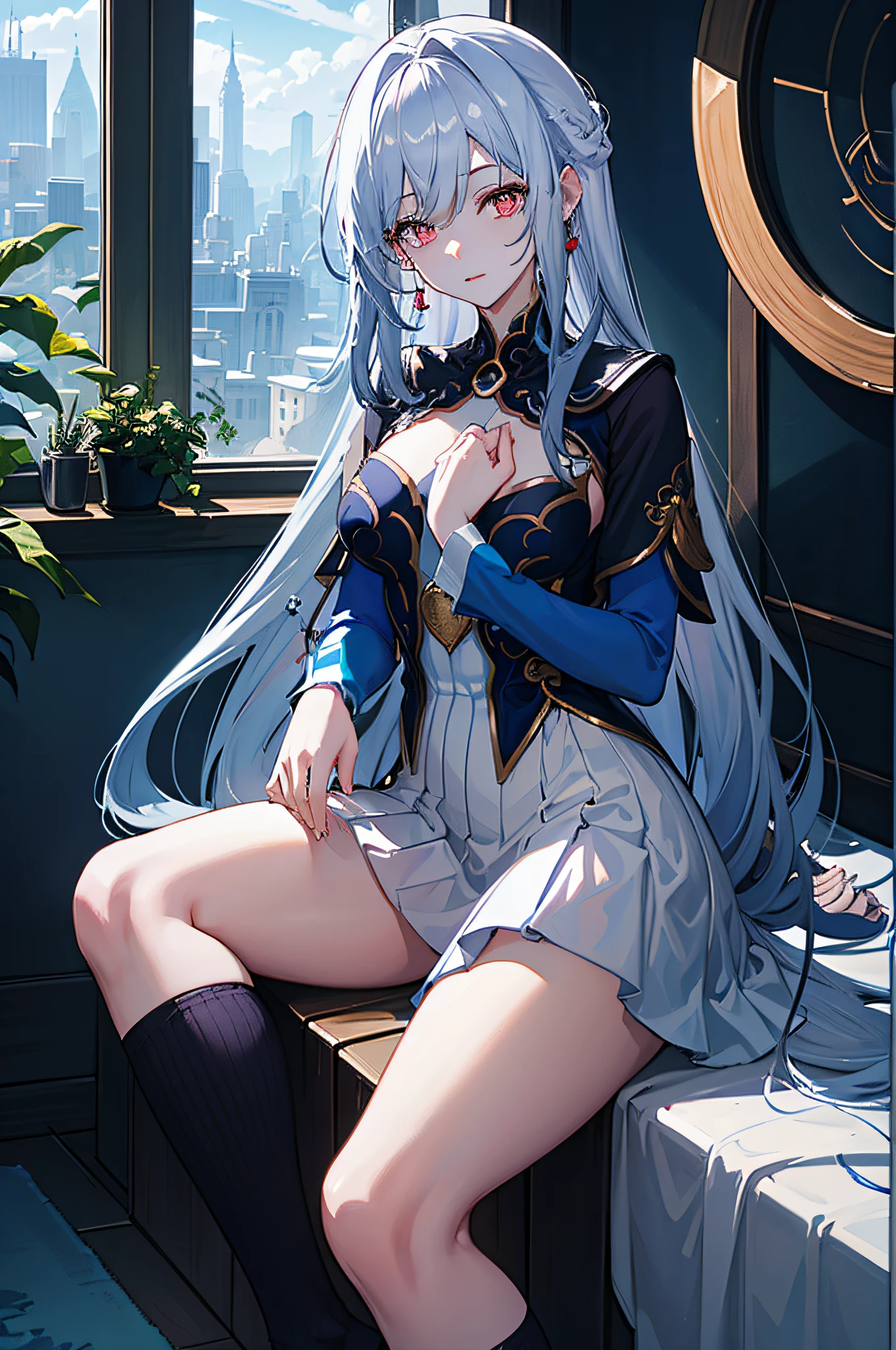 long whitr hair,blue colors,a sailor suit,White stockings,Sock rings,Moderate chest,a beauty girl,pupils,Seductive laughter,sitting  sideways,hand on leg,inside in room,eventide,