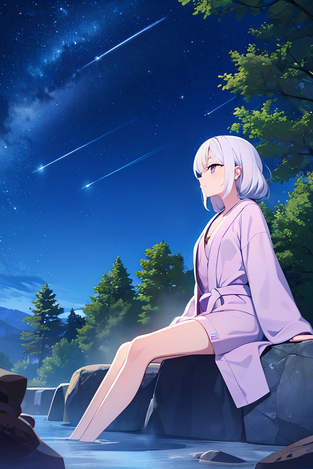 {high quality}, 1girl, white hair, {bathrobe}, {stone bath}, {hot spring}, {open-air bath}, view from below, {steam}, {stars shine}, tree behind, rock behind, fluorite,
