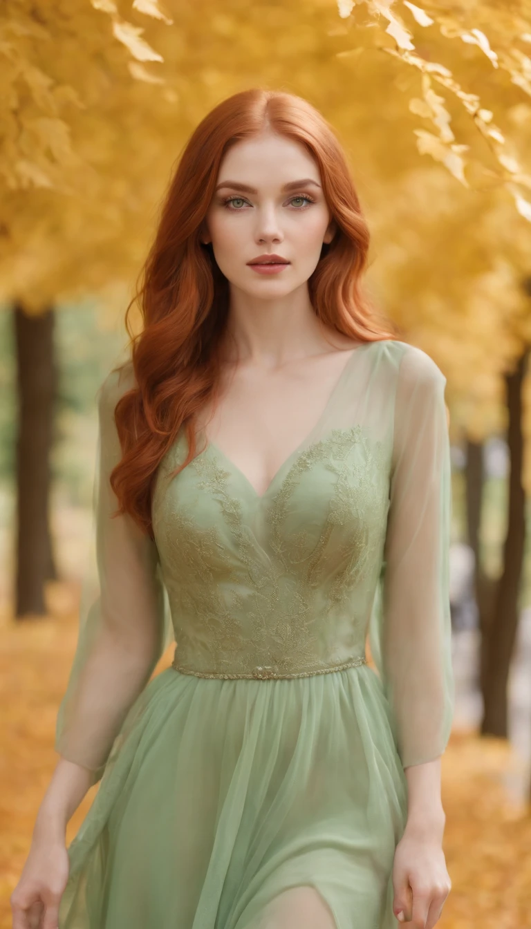 Ultra realistic masterpiece gorgeous n redhead girl with gorgeous outfit, cheveux venteux, Highly detailed green eyes, Full view of body walking in a park in autumn, 35mm 1.4, with a beautiful, light sheer dress