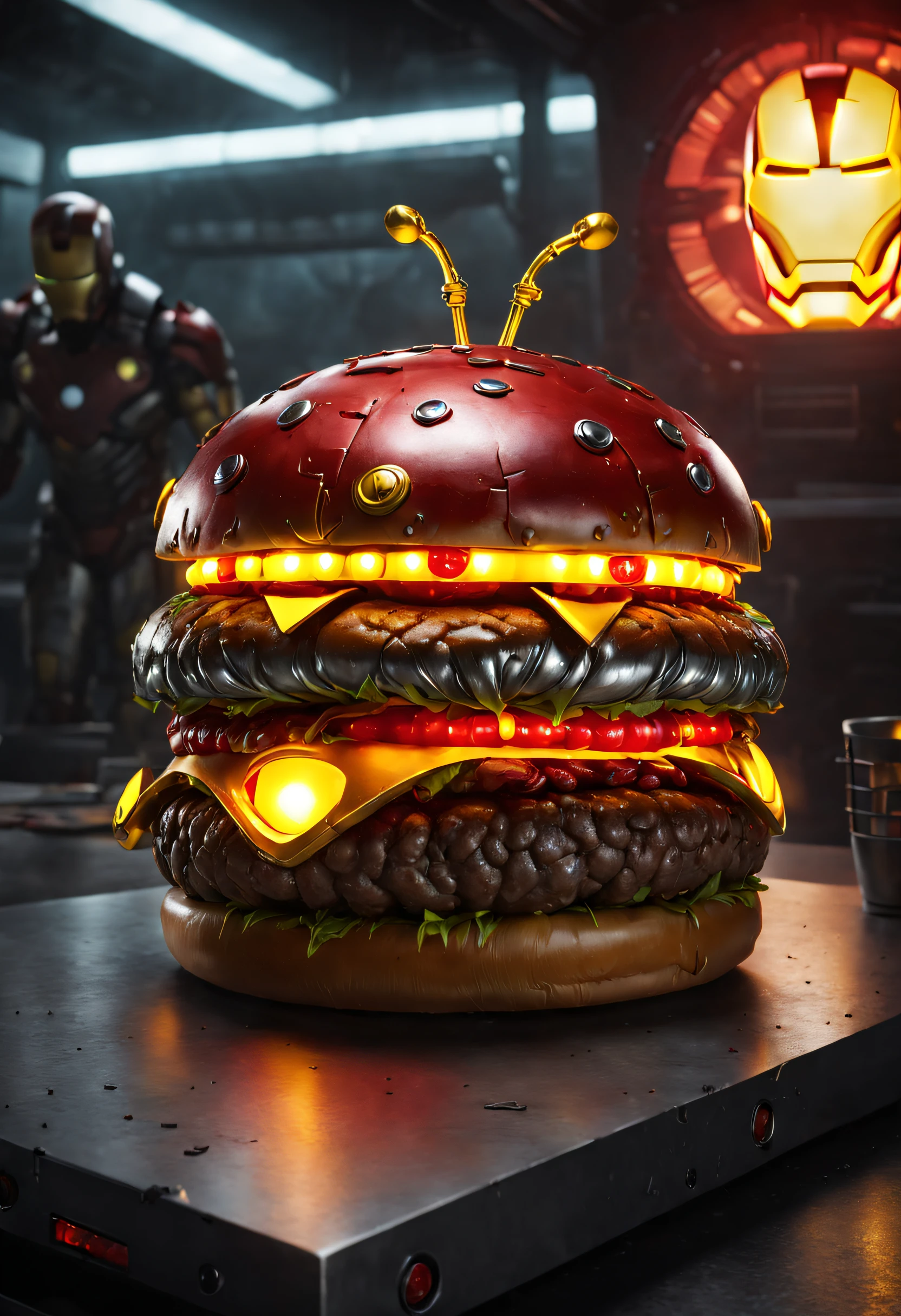 A delicious burger made from Iron Man armor, with a metallic-textured bun on top that features red and yellow LED lights, simulating the effect of Iron Man's armor. The bun is imprinted with the Iron Man mask, providing a stunning visual effect.