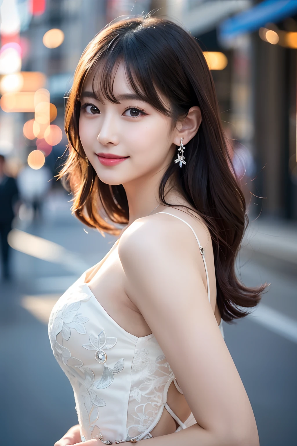 Tabletop, highest quality, figure, Very detailed, In detail, High resolution, 8k wallpaper, Perfect dynamic composition, Beautiful fine details, Summer Dresses,Medium Hair, Natural color lip, Random sexy poses,smile,Aoyama Street Walk、20-year-old girl