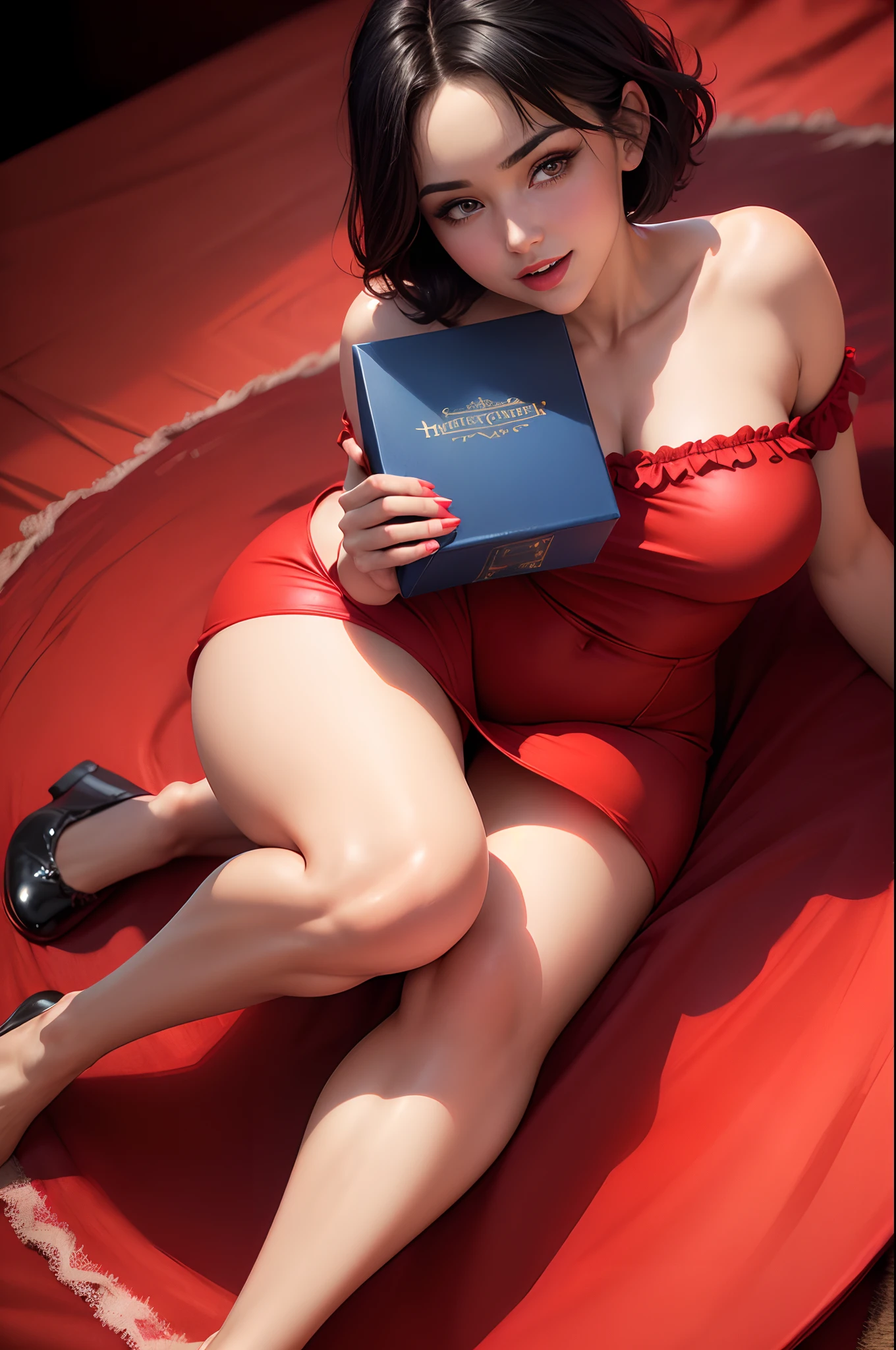 (best quality,ultra-detailed,realistic:1.37),woman dressed in a short red dress, beautiful detailed eyes, beautiful detailed lips, short black hair, happy and excited face, red shorts, holding a blue Christmas present, expressive pose, artistic lighting, portrait, contrasting colors, dynamic composition, colorful Christmas background , (full body:1.5)
