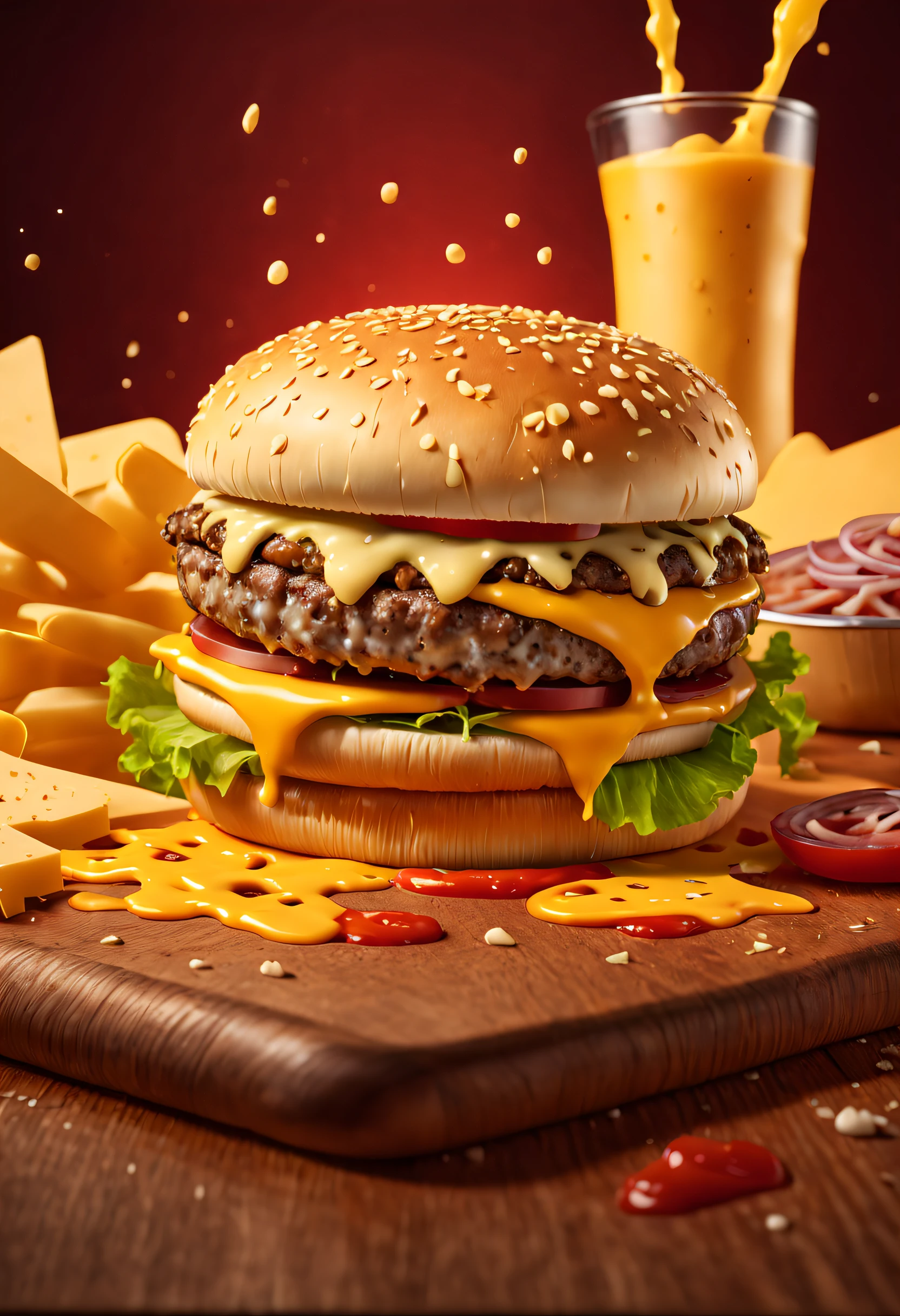 Commercial photography, Splatted Cheese, hamburger, white lighting, 8k octane rendering, high resolution photography, insanely detailed, fine details, on Solid wood table, Red background, 8k, commercial photography, stock photo, professional color grading,