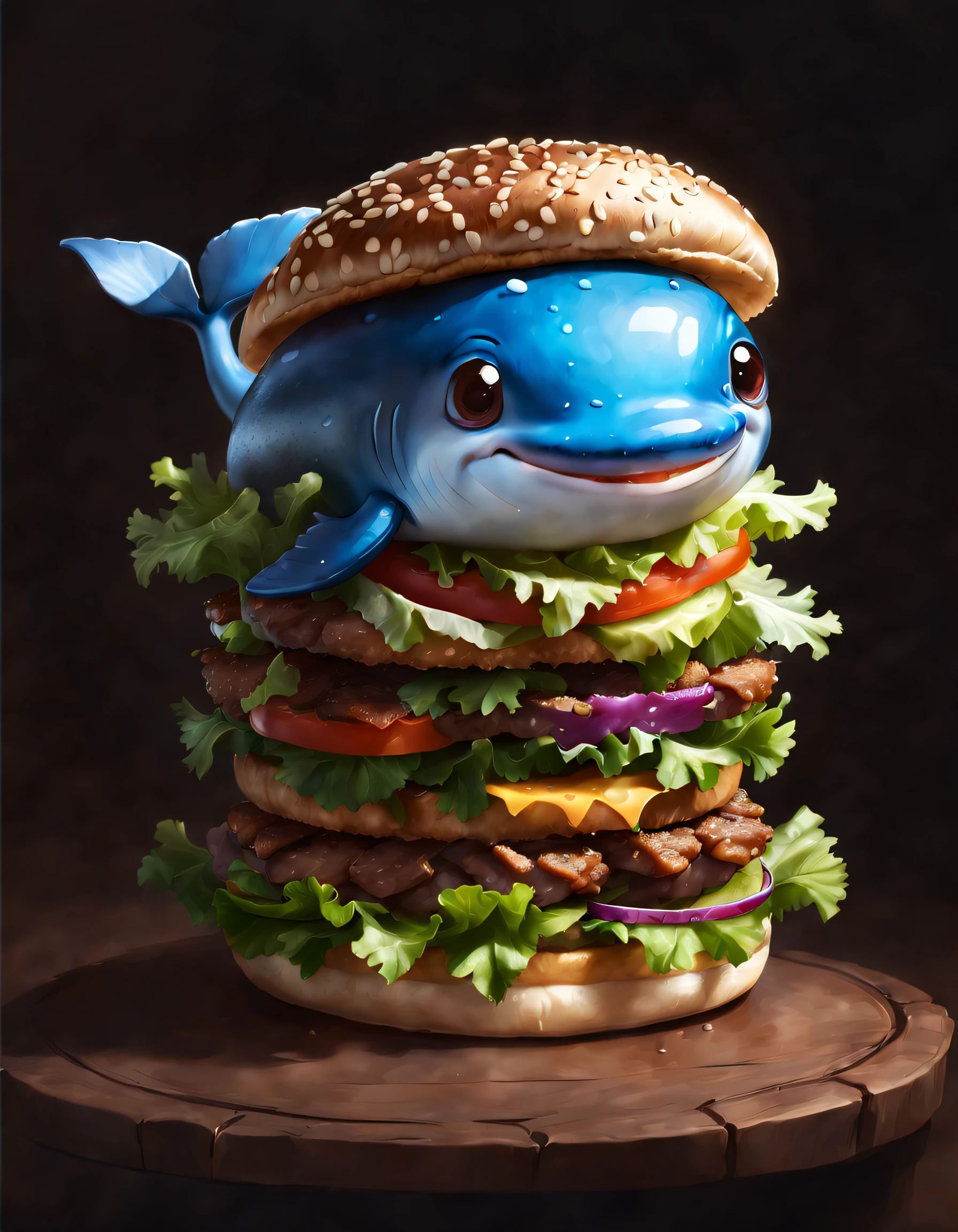 Very cute and attractive anthropomorphic Blue Whale burger, Splatted Cheese，Vegetable beef, Dessert shop background，kawaii, looking at viewert, , insanely details, Fine details, Cinematic lighting, Fantasy art, Dynamic composition, epic realistic, Award-winning food pet illustration