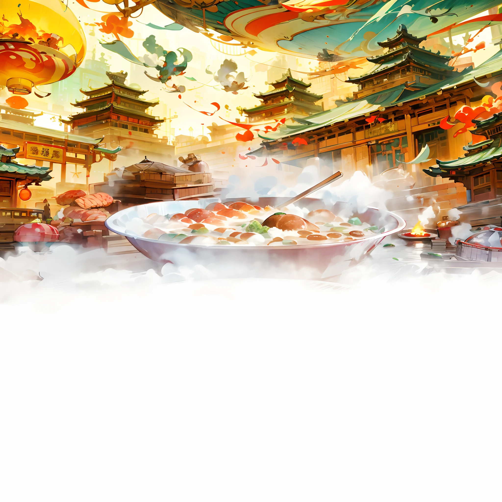Behind the steaming hot pot is a towering building that sets off the lively atmosphere