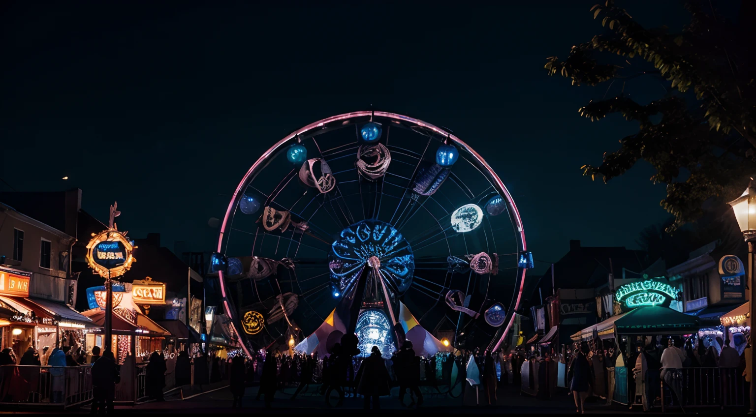 Moonlit Carnival: Combine elements of a haunted carnival with a moonlit atmosphere, incorporating vibrant colors, eerie lighting, and ghostly figures swirling around the rides.