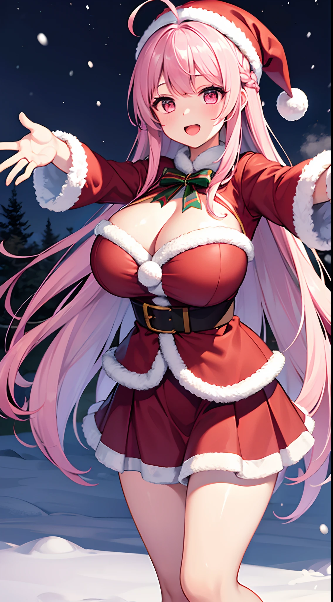 1 girl, game CG, mini Santa Claus costume, Santa Claus hat, gigantic breasts, pink hair, long hair, straight hair, ahoge, pink eyes, snow, outstretched arms, steam, night,