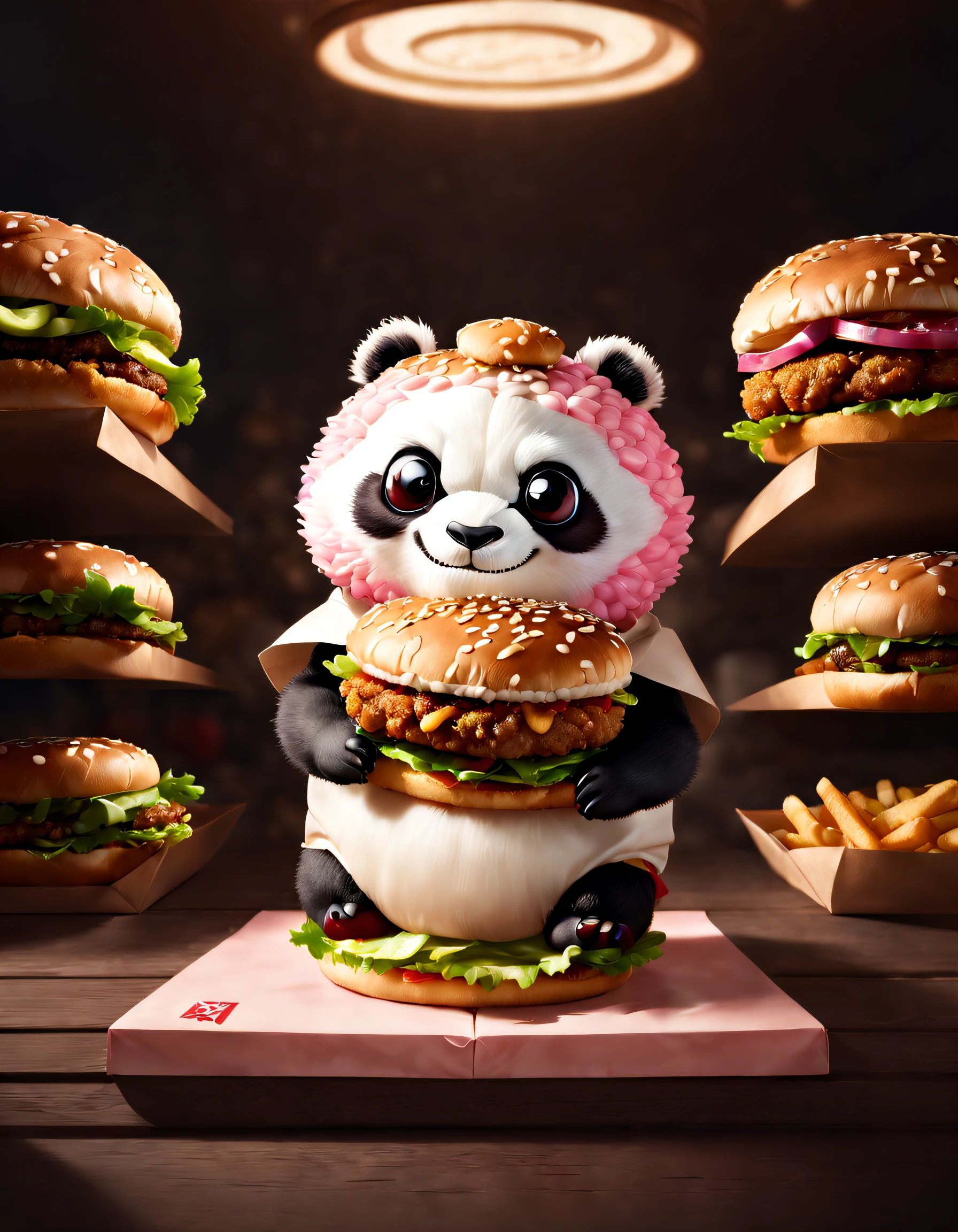Very cute and attractive anthropomorphic kung fu kung fu panda KFC burger, Place in a box,Pink cream,Supermarket shelf background,ultra cute, looking at viewert, Cinematic lighting, Fantasy art, Dynamic composition, epic realistic, Award-winning food pet illustration