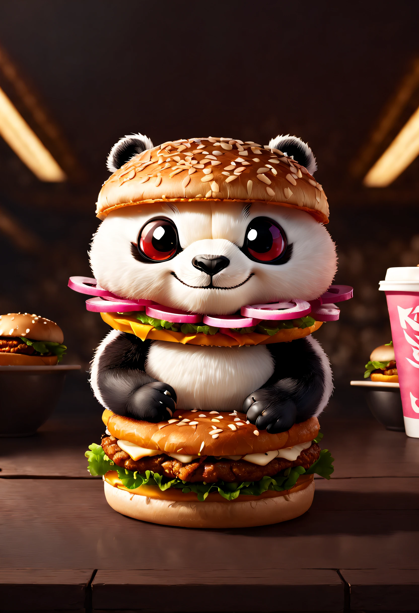 Very cute and attractive anthropomorphic kung fu kung fu panda KFC burger, Place in a box,Pink cream，Supermarket shelf background，ultra cute, looking at viewert, Cinematic lighting, Fantasy art, Dynamic composition, epic realistic, Award-winning food pet illustration，foodpets