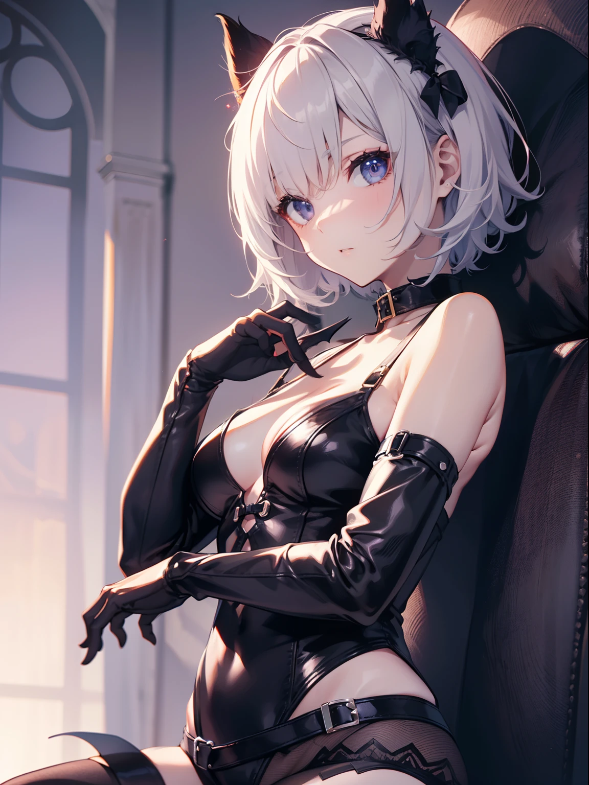 The ultra -The high-definition、high-level image quality、top-quality、Full feet and hands、complete fingers、Slender beautiful woman、1 persons、Leather Halloween Cosplay、Small devil、Bery short hair、Black stockings、Halloween Party、cinematlic lighting