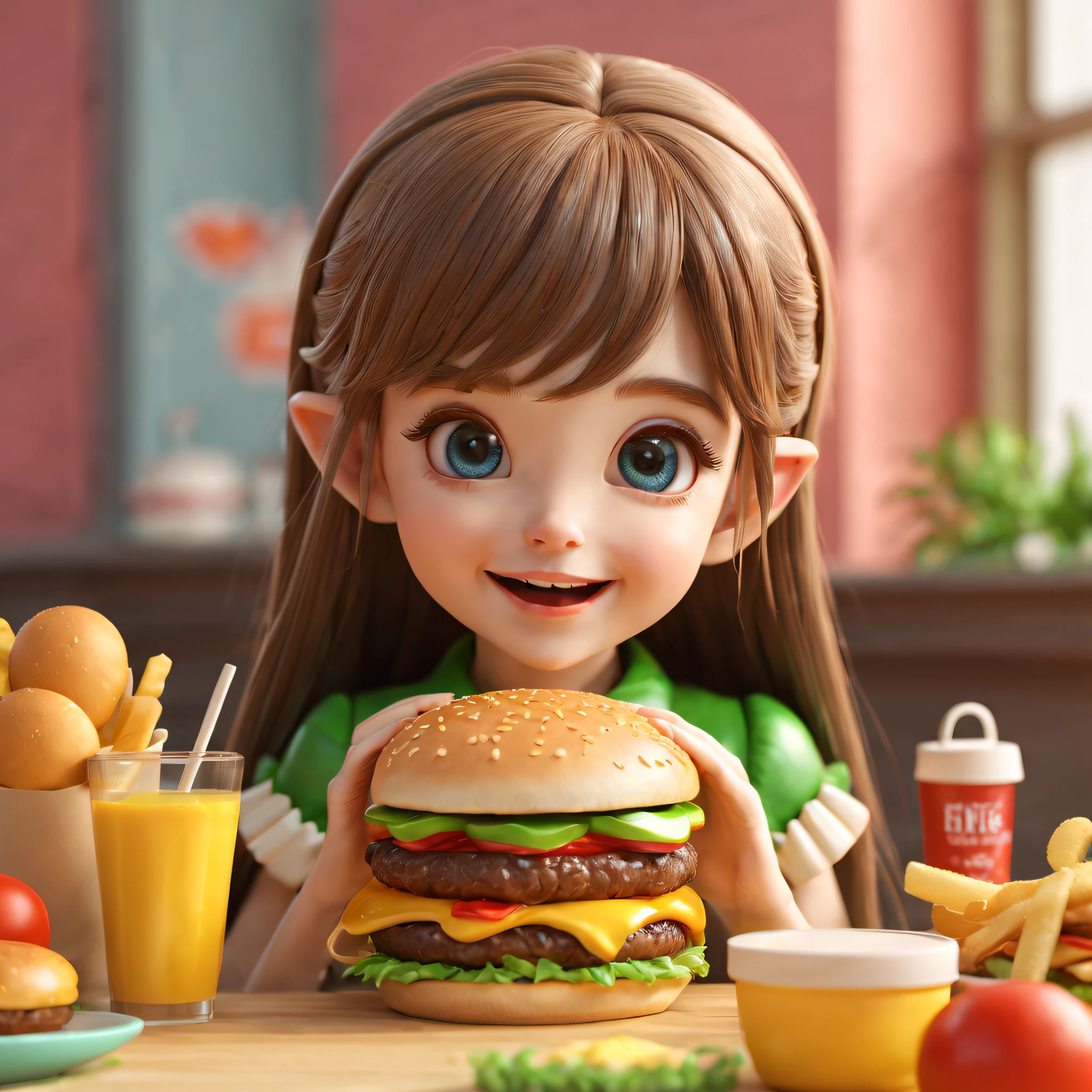 Beautiful 3D long hair for cute young girl,Vivid colors,ears of elf,joyful expressions,Prepare to eat a juicy burger,(Hamburger in the center of the picture),Focus on burgers,Delicious food,Close-up shot,PVC model, view the viewer, soft smooth lighting, soft and muted colors, 3d icon clay render, 120mm lens, 3d blender render, trending on polycount, modular constructivism