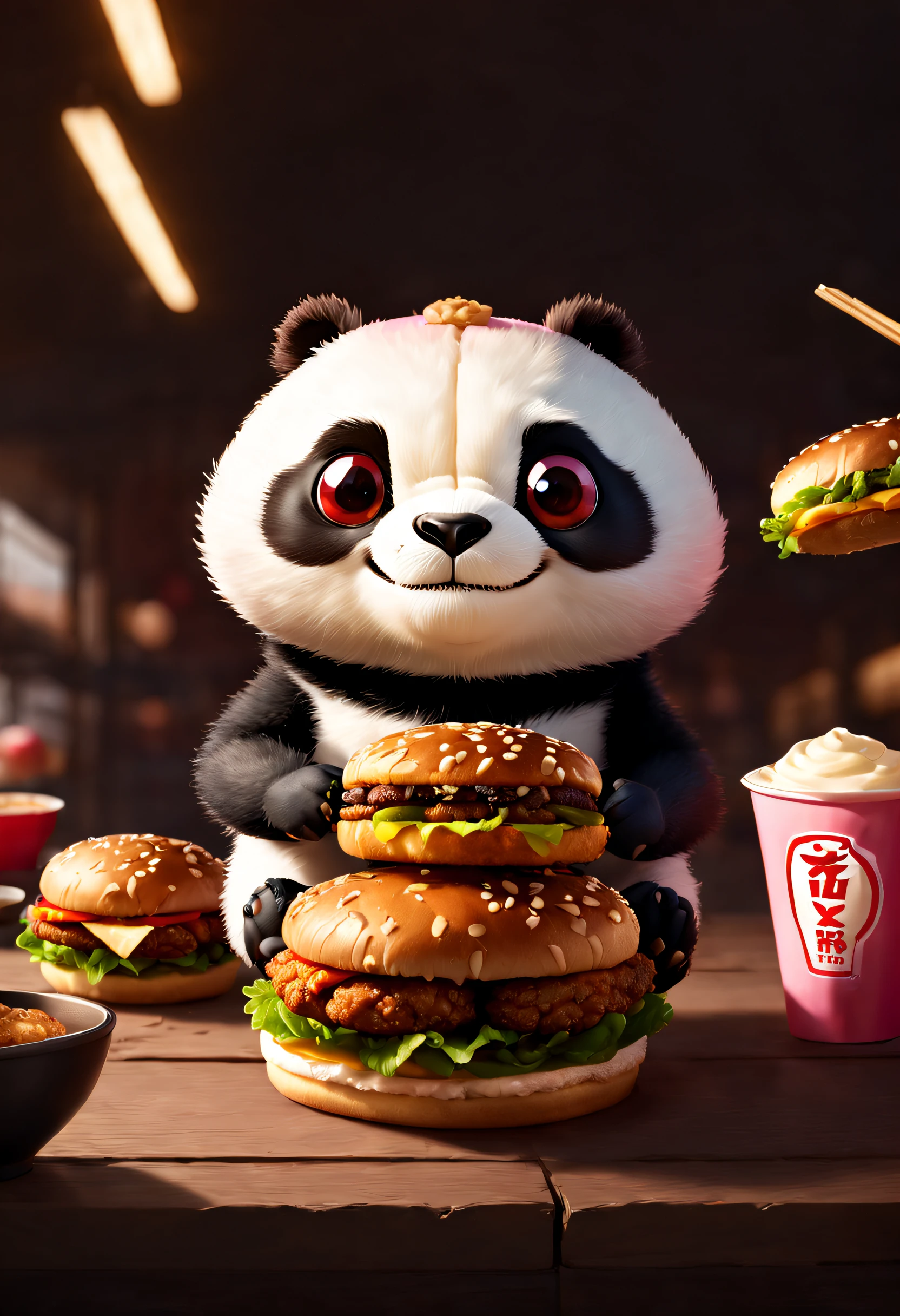 Very cute and attractive anthropomorphic kung fu kung fu panda KFC burger, Place in a box,Pink cream，Supermarket shelf background，ultra cute, looking at viewert, Cinematic lighting, Fantasy art, Dynamic composition, epic realistic, Award-winning food pet illustration，foodpets