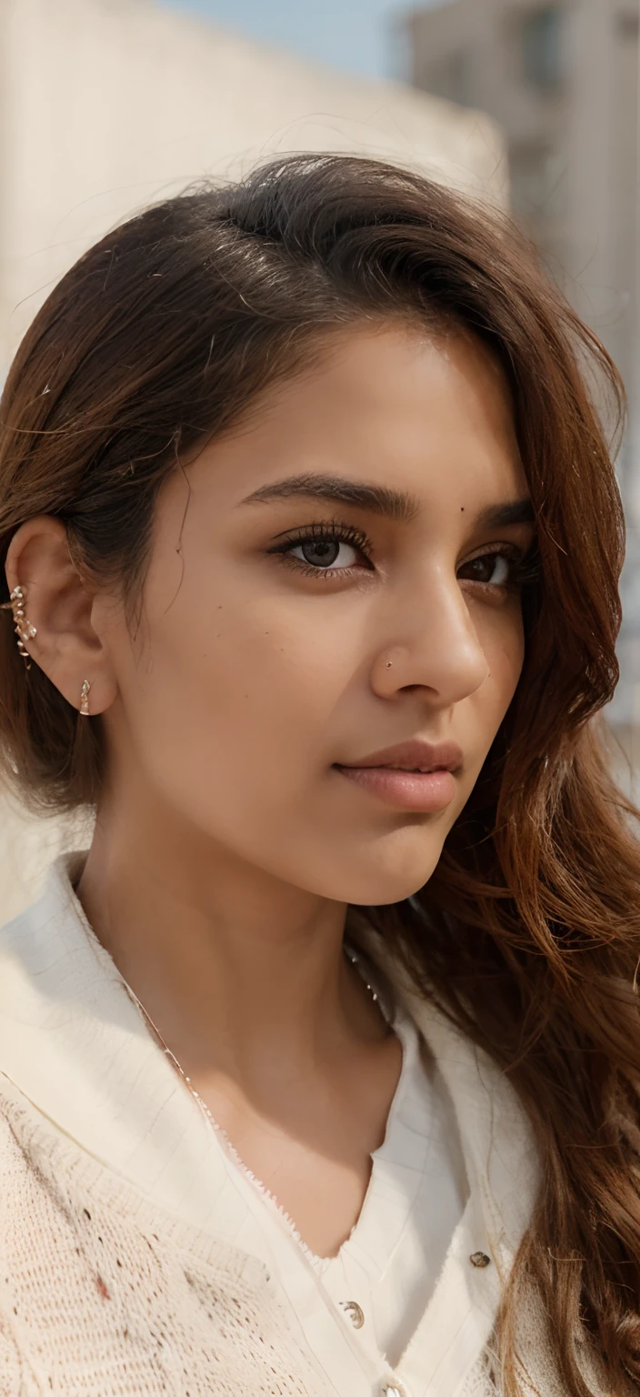 modelshoot style photo of a woman, Indian skin colour,hair to her shoulders, hair blowing in the wind, nose piercing, in a brown jacket and white sweater, is looking at the camera with a serious look on her face, ƒ/2.4, 7.9 mm, 1/850, ISO 50