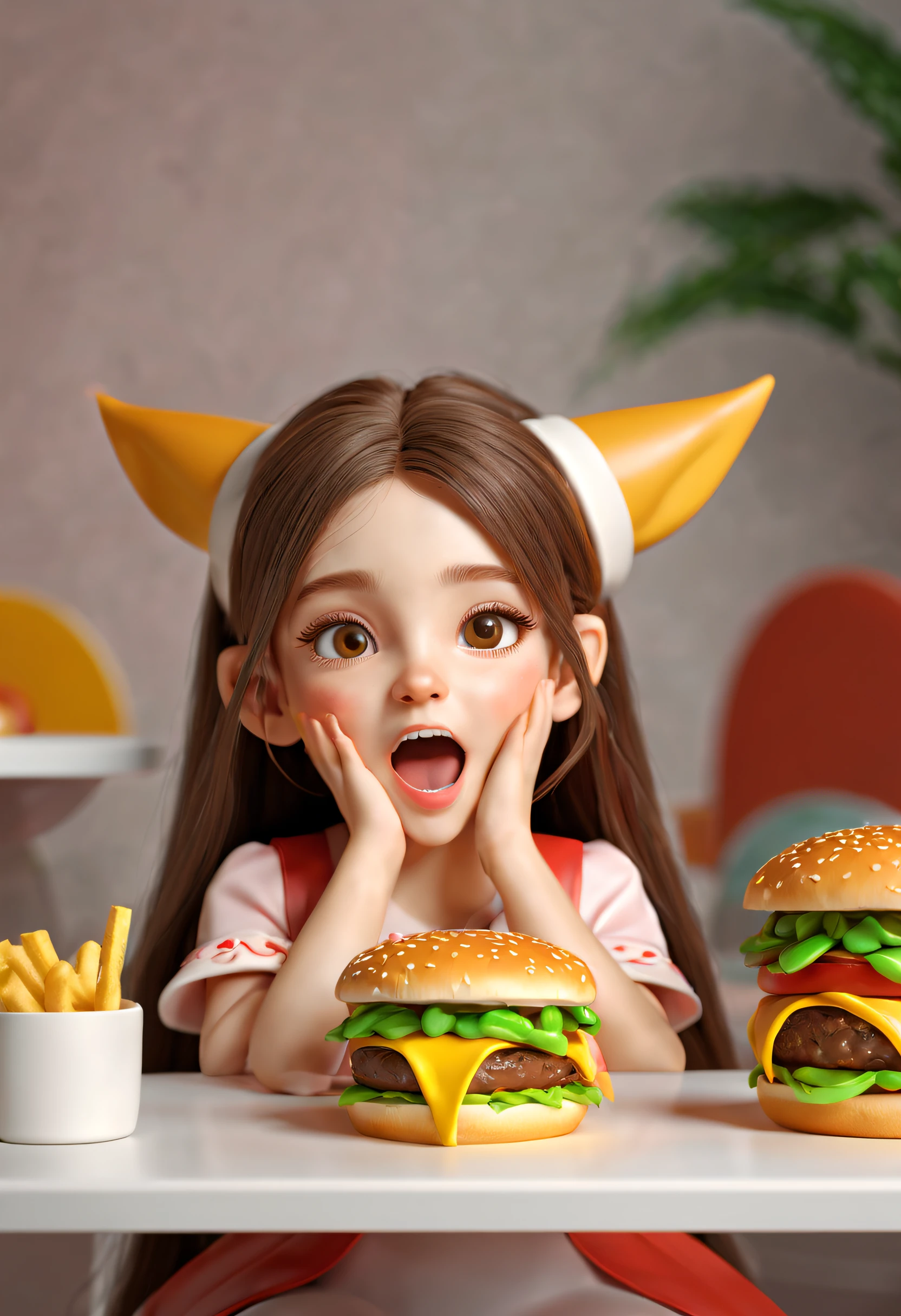 Beautiful 3D long hair for cute young girl,Vivid colors,ears of elf,joyful expressions,Prepare to eat a juicy burger,(Hamburger in the center of the picture),Focus on burgers,Delicious food,Close-up shot,PVC model, view the viewer, soft smooth lighting, soft and muted colors, 3d icon clay render, 120mm lens, 3d blender render, trending on polycount, modular constructivism