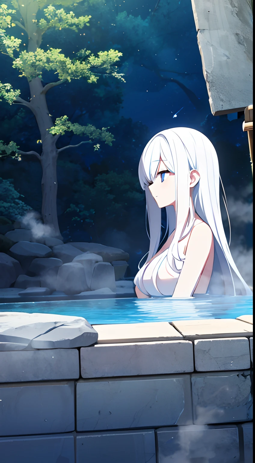 {high quality}, 1girl, white hair, {bath towel}, {stone bath}, {hot spring}, {open air bath}, view from below, {steam}, {stars shining}, tree behind, rock behind, fluorite,