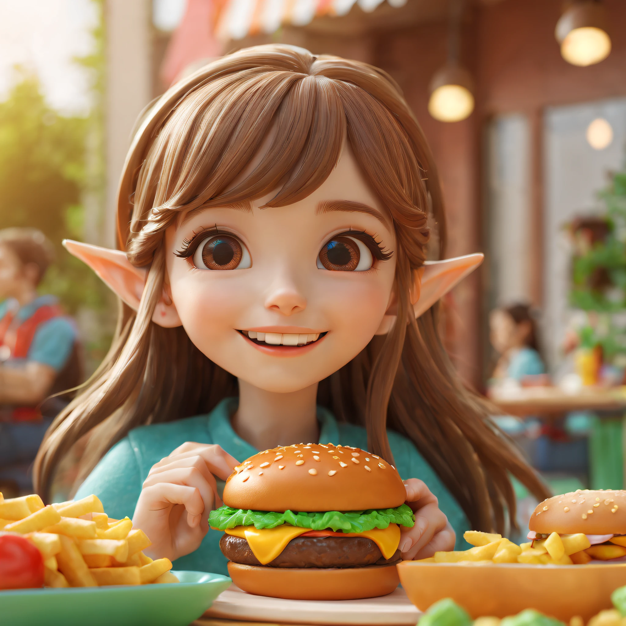 Beautiful 3D long hair for cute young girl,Vivid colors,ears of elf,joyful expressions,Prepare to eat a juicy burger,(Hamburger in the center of the picture),Focus on burgers,Delicious food,Close-up shot,PVC model, view the viewer, soft smooth lighting, soft and muted colors, 3d icon clay render, 120mm lens, 3d blender render, trending on polycount, modular constructivism