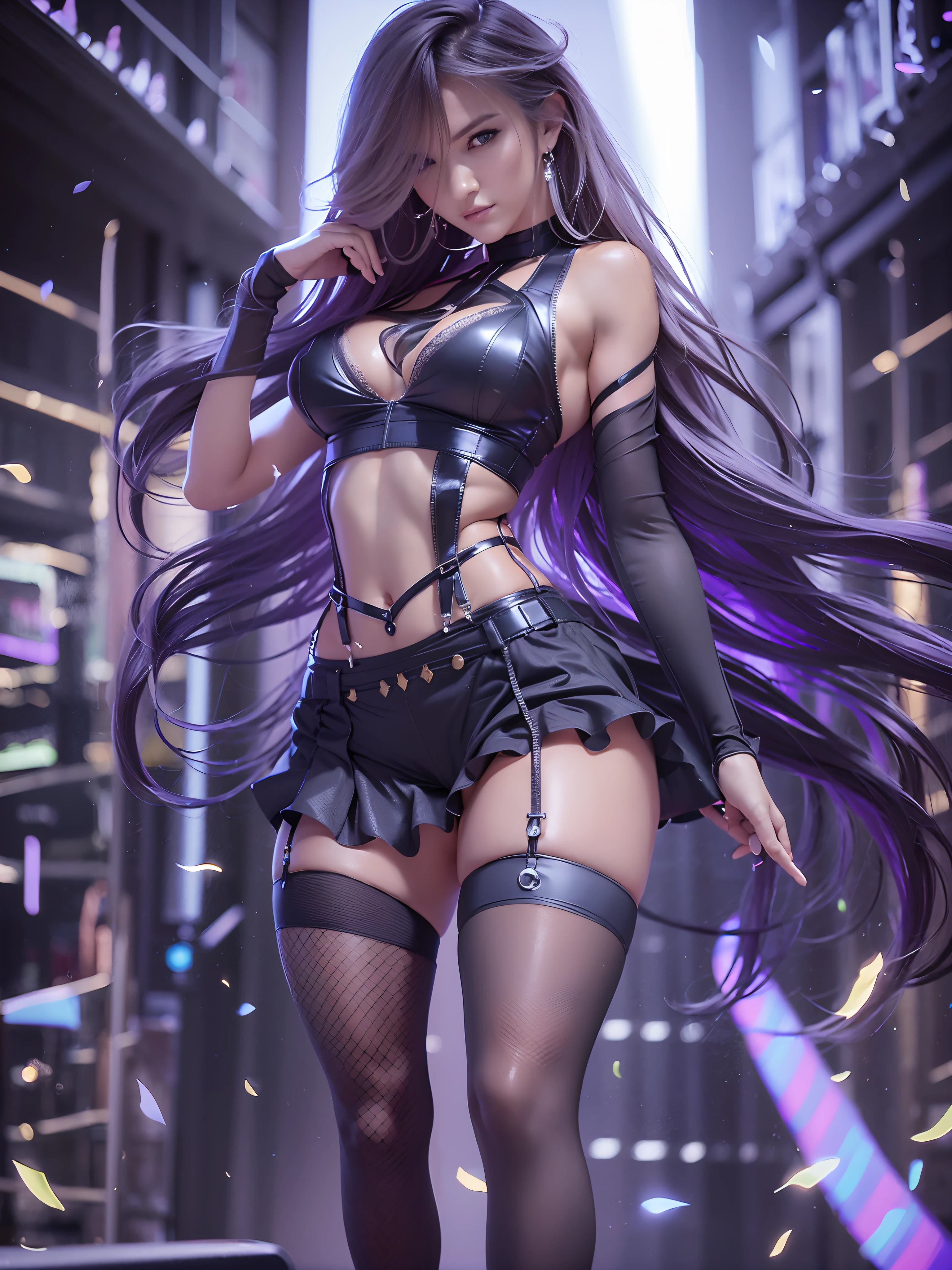 full body 8k,masterpiece, bset quality,big, (1 girl), tifa lockhart, red_eyes, black hair, long hair, shiny skin, shiny big, ((best quality)), crisp focus: 1.2, highly detailed face and skin texture, detailed eyes, perfect face, perfect body, art, cg, blur background, big with presence, (20yo, Mature cool and beautiful face), wearing ((suspender black skirt)),(( black elbow gloves, white taut shirt, thigh, white tank top, navel, blush)),, upper body, smile, professional light source, fluttering hair, from behind, random angle, long hair, magical space, battlefield, universe, strength universe, magic thunder magic, ligtning, Water dragons around the girl