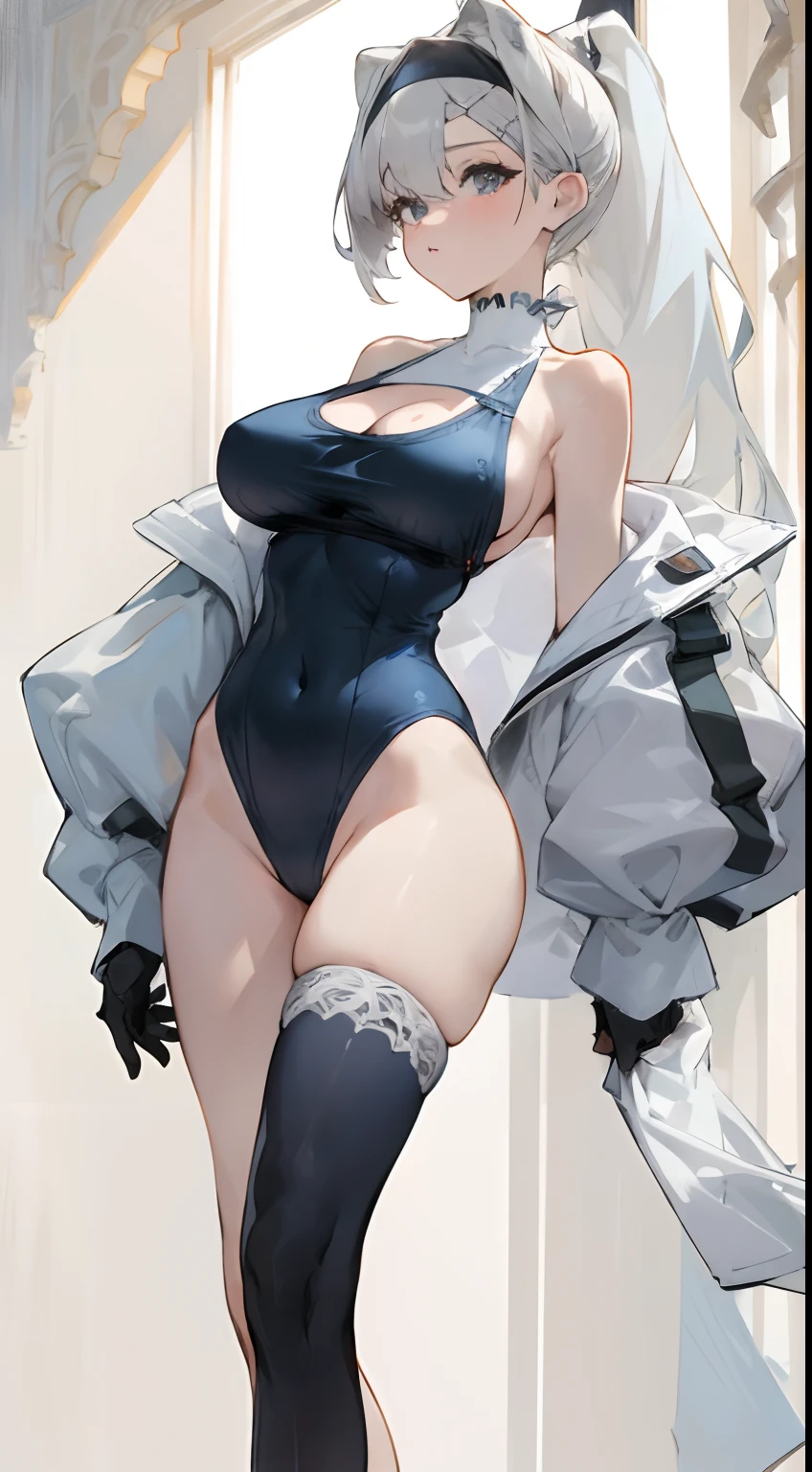 Bigboobs，cropped shoulders，White knee-length stockings，Deep V one-piece swimsuit，High ponytail，Stand up，Lace