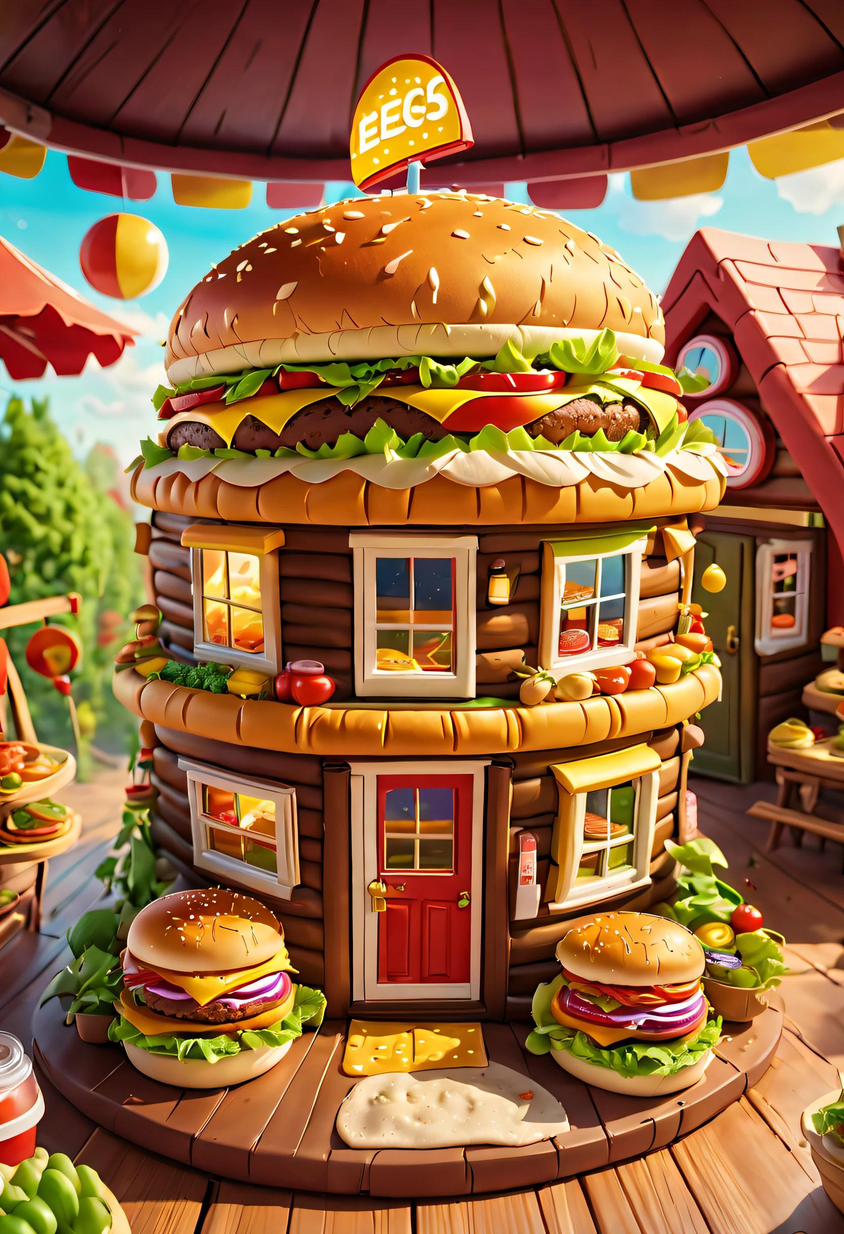 (A cabin made of hamburgers: 1.5), The round roof is made of bread and onions, Tomates, lettuce, ketchup, Cheese splashes, Hamburg style, and other decorations, fantasy world, In cute cartoon design style, pop mart, Clay material, Natural lighting, tilt shift lens, Detailed science fiction illustration, Hyper-realistic details, Dotted, tiltshift, Clean solid color background