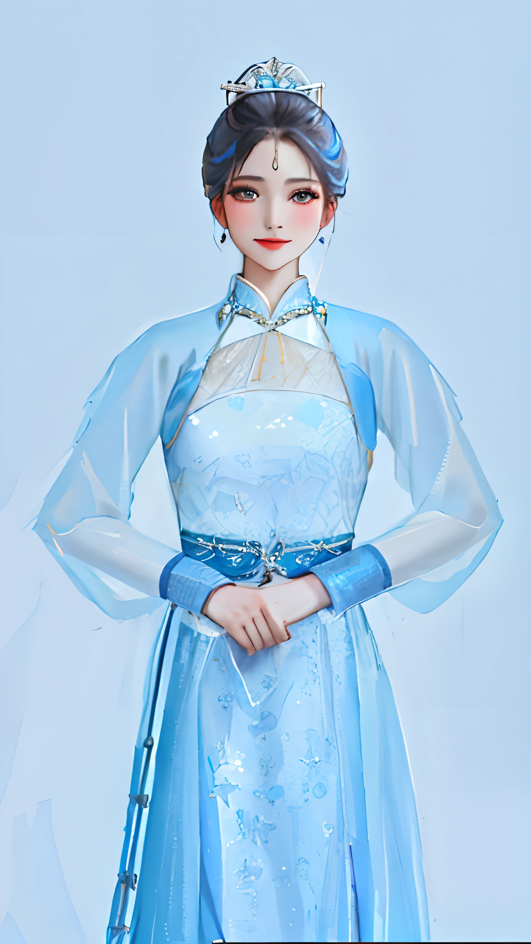 A woman who is,ssmile,Hairpins,Bunched hair,No bangs,ellegance,eldest sister,Dignified,wearing blue dress, A girl in Hanfu, Home royal elegance, icey blue dress, a blue dress, high quality theatre costume, White Hanfu,