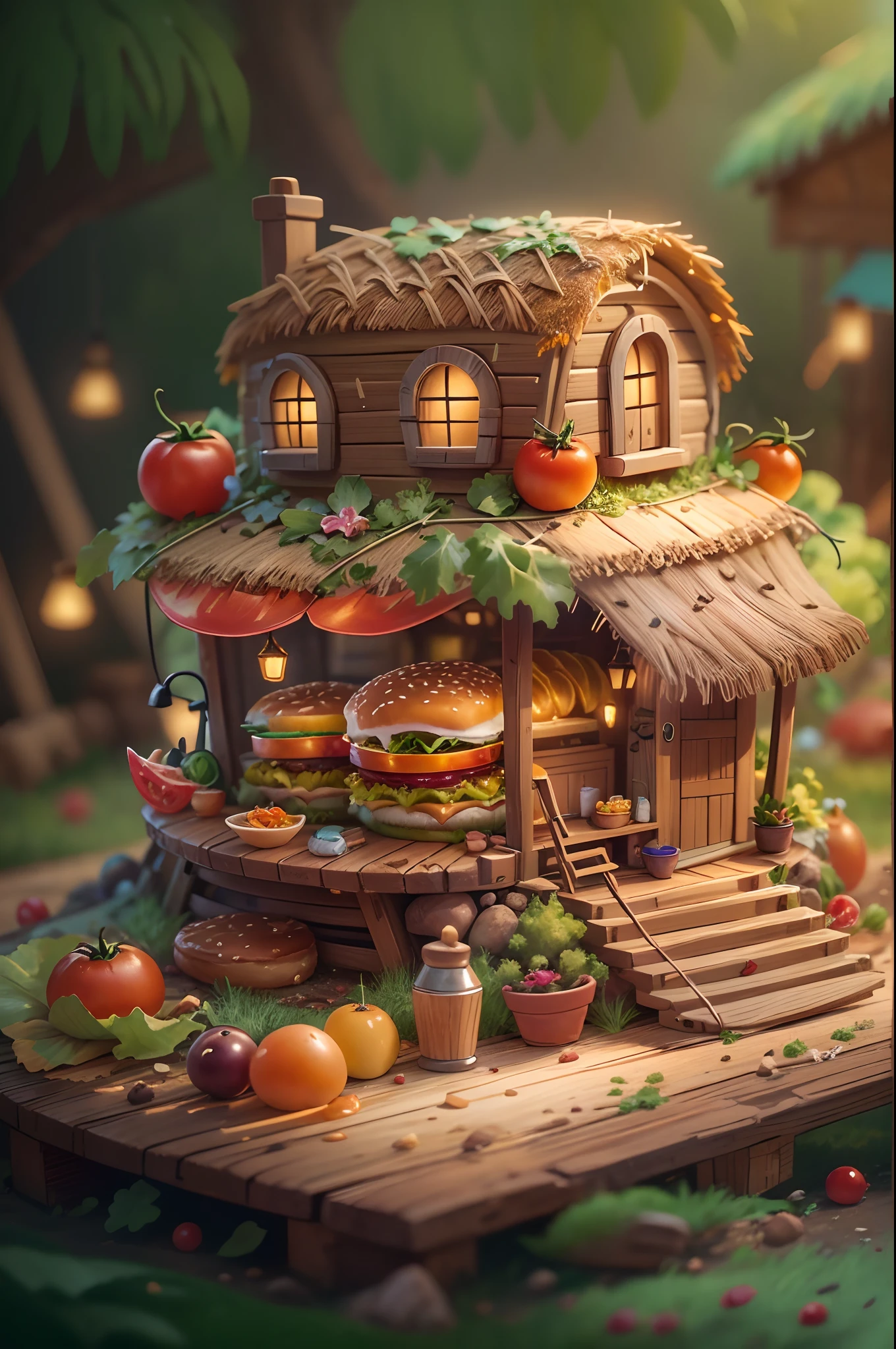 Best quality,, (Photorealistic:1.4), (1 hamburger made from a hut: 1.5), The round roof is made of bread and onions, Tomates, lettuce, ketchup, Cheese splashes, Hamburg style, and other decorations, Fantasy world, In cute cartoon design style, Clay material, Natural lighting, tilt shift lens, Detailed fantasy illustration, Hyper-realistic details, Dotted, tiltshift, Clean solid color background,Solo