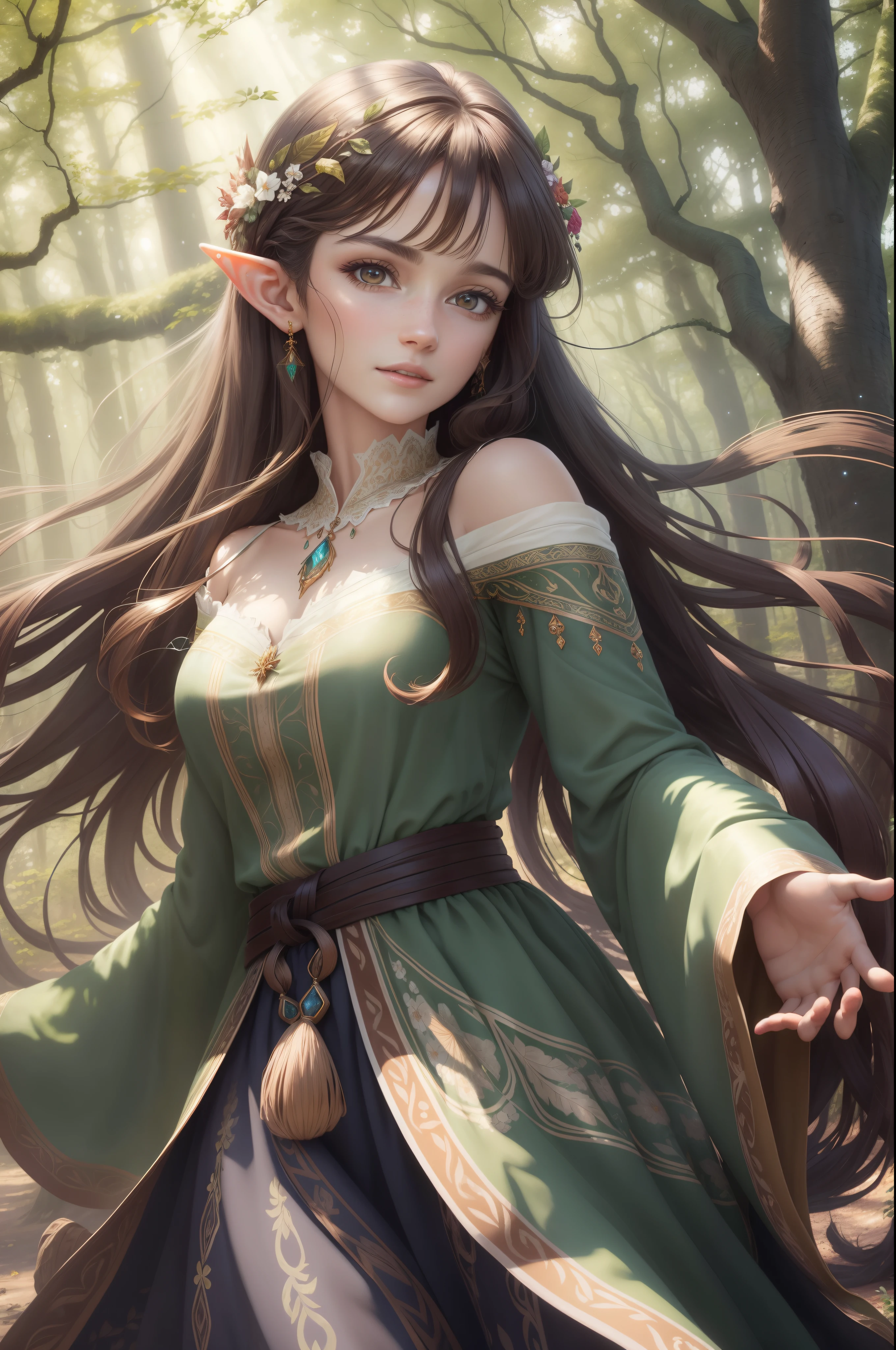 (best quality,HD,8k),character,20-year-old girl,adventurous elf,beautiful and happy,brown hair,long hair,vibrant eyes,pointed ears,graceful movements,nature-inspired clothing,mystical forest background,sunlight filtering through the trees,enchanted atmosphere,soft and ethereal lighting,subtle sparkling magic particles,effortlessly dancing with the wind,detailed facial features,expressive lips,sparkling personality,curious expression,engaging gaze,intense sense of wonder,medium:oil painting,ultra-detailed,realistic:1.37,immaculate brushwork,exquisite attention to detail,rich and vivid colors,playful and vibrant palette,subtle gradients and shadows,smooth and flawless skin texture,delicate strands of hair flowing in the breeze,meticulously painted foliage,textured bark and branches,lush greenery and vibrant flowers,whimsical woodland creatures: fairies and butterflies,magical aura emanating from the character,flawless composition: perfectly balanced elements,eye-catching focal point that draws viewers' attention,overall sense of enchantment and beauty.