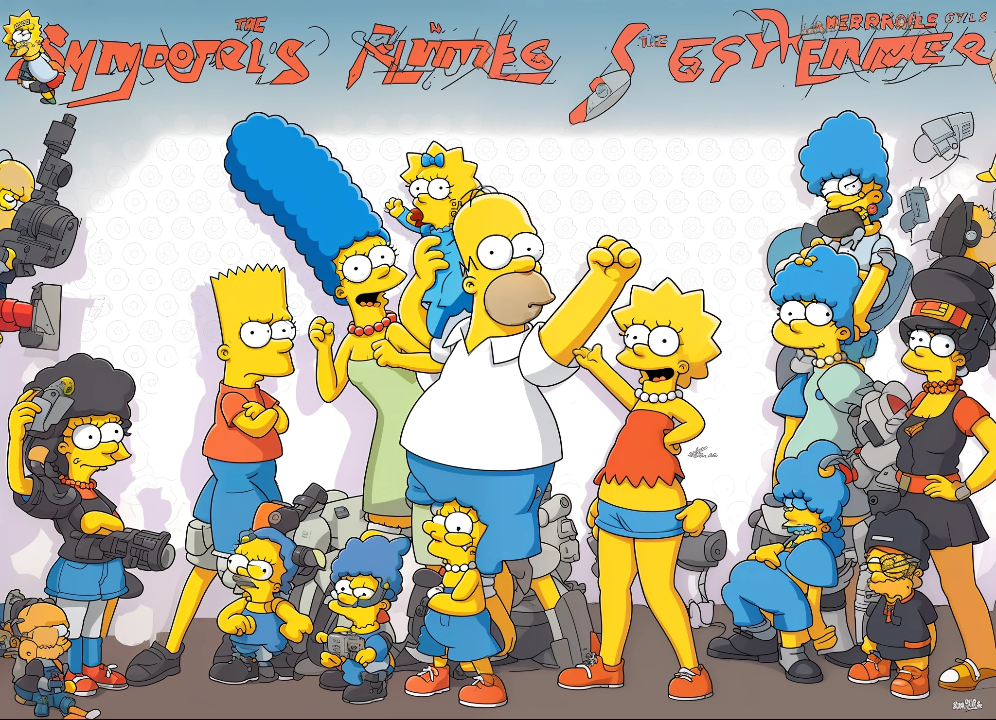 A group of characters from The Simpsons standing next to each other, Les Simpson, Les Simpson, Style original des Simpson, Style Les Simpson, Image fixe des Simpson, Illustration du film Les Simpsons, Homer Simpson , Les Simpson et Nendoroid Mashup, Style Les Simpson, Marge Simpson, Homer Simpson, Marge, Lisa Simpson, Bart Simpson , zombie, apocalypse, cyberpunk