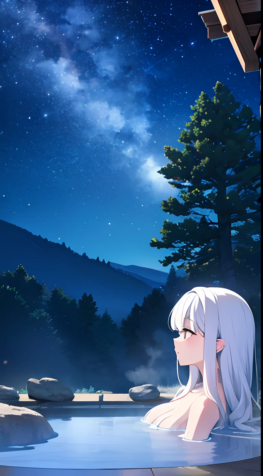 {high quality}, 1girl, white hair, {bath towel}, {stone bath}, {hot spring}, {open air bath}, view from below, {steam}, {stars shining}, tree behind, rock behind, fluorite,