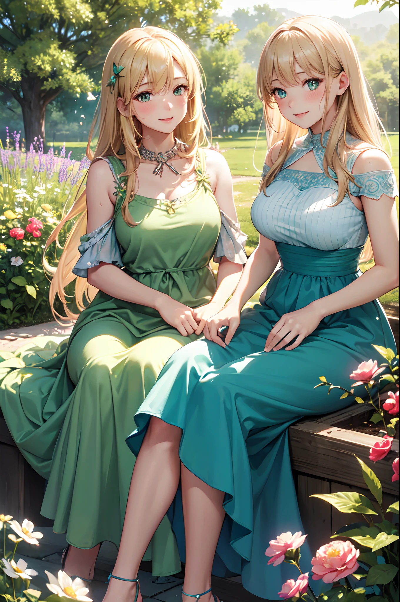 (High quality,High resolution,Fine details,Realistic),2girls,Adult Woman,sparkling eyes,blush,Large breasts,Sweat,Oily skin,soft colors,garden,flower,butterflies,youthful,cute dress,smiling face,blonde hair,green grass,gentle sunlight,heights diffusing,ethereal,delicate and vibrant,romantic atmosphere,warm,serene scene,vivid colors,joyful expressions,middle of a field,cheerful ambiance,peaceful,relaxing,friendly,summer,beauty,laughter,soothing,bright light