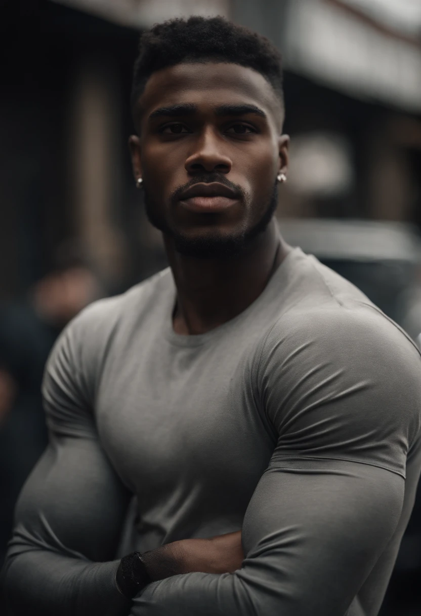 (a muscular naked and attractive black man:1.5) wearing a jockstrap and sneakers, lean and confident, posing on a city street, on a hot summer night, seen from a low angle.