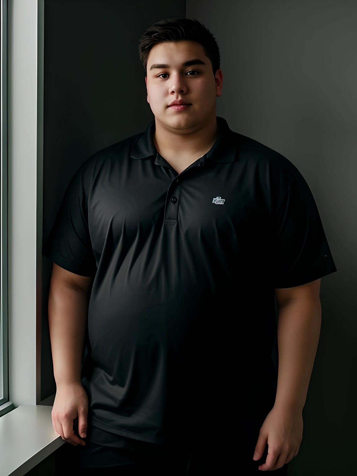 Obese Very Realistic  Non Asian Man Dark Room Dressed