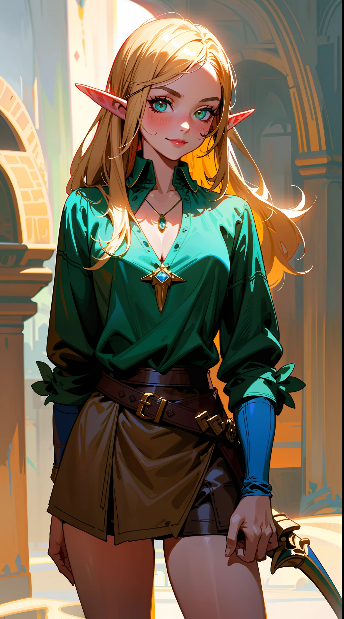 (fantasy), Dark, gritty, realistic illustration, mix of bold dark lines and loose lines, bold lines, (fantasy concept art, illustration), a stunningly beautiful Italian girl as an elf swashbuckler, pointed ears, (hazel eyes), unbuttoned silk shirt, short skirt, plunging neckline, necklace; she is standing in front of a medieval fortress, smiling