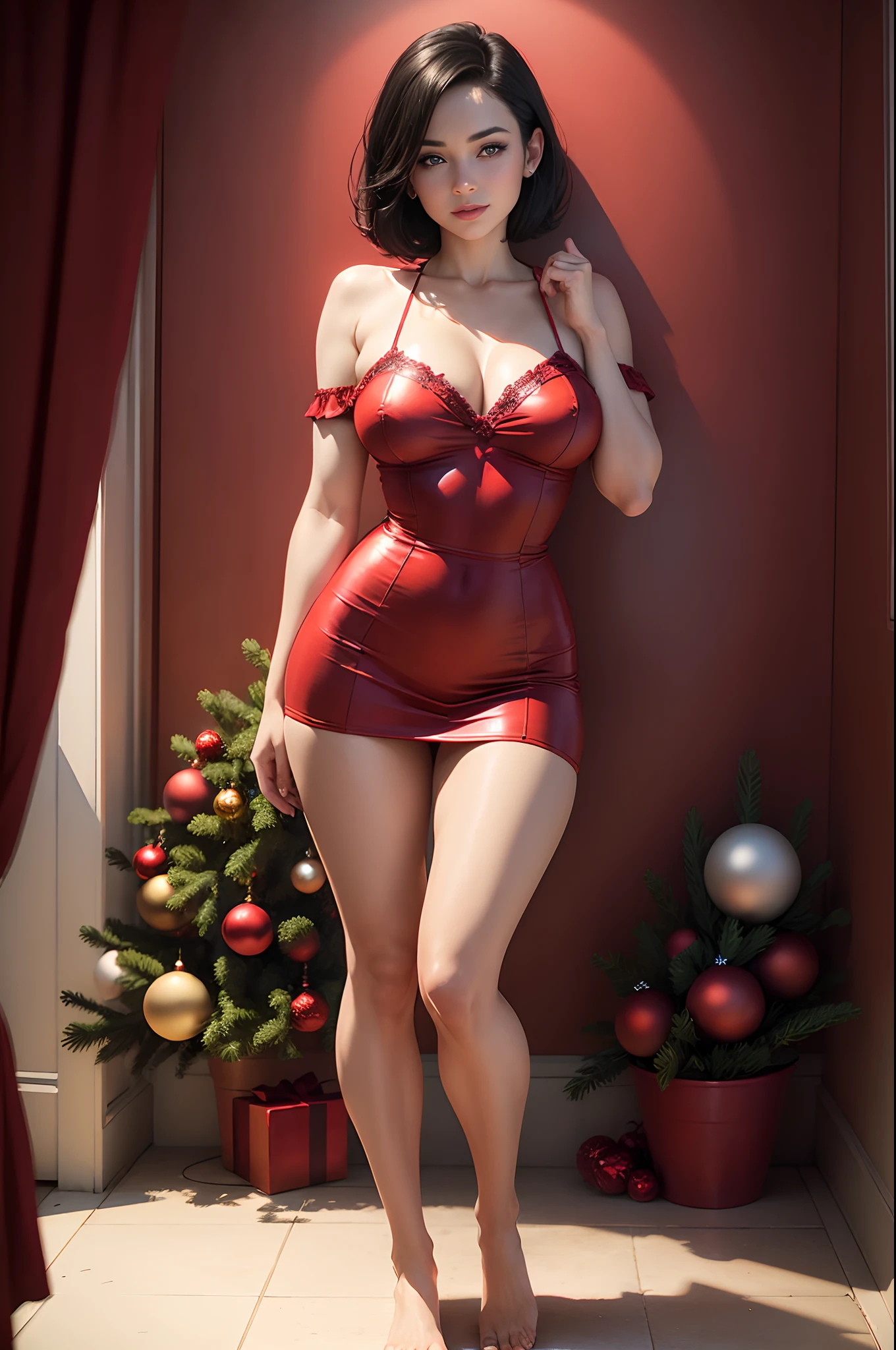 (best quality,ultra-detailed,realistic:1.37),woman dressed in a short red dress, beautiful detailed eyes, beautiful detailed lips, short black hair, happy and excited face, red shorts, holding a blue Christmas present, expressive pose, artistic lighting, portrait, contrasting colors, dynamic composition, colorful background with Christmas decoration's such as Christmas tree with lights and presents under it, (full body:1.5)