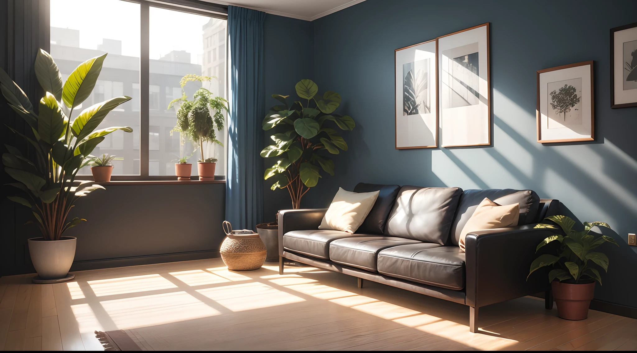 interior design, apartment, Bangladesh environment , dark blue wall, brown leather couch, plants, Meatpacking District, big windows, industrial, modern, hyper-realistic, soft shadows, daylight, bright, luminous, natural light, high-quality, professional photography, real estate, inviting, warm, Photography, Professional photography, Golden ratio composition, Flat lighting, Soft Lighting, Soft shadows, Cinematic, Centered and symmetrical, spotlight behind camera --v 5 --auto