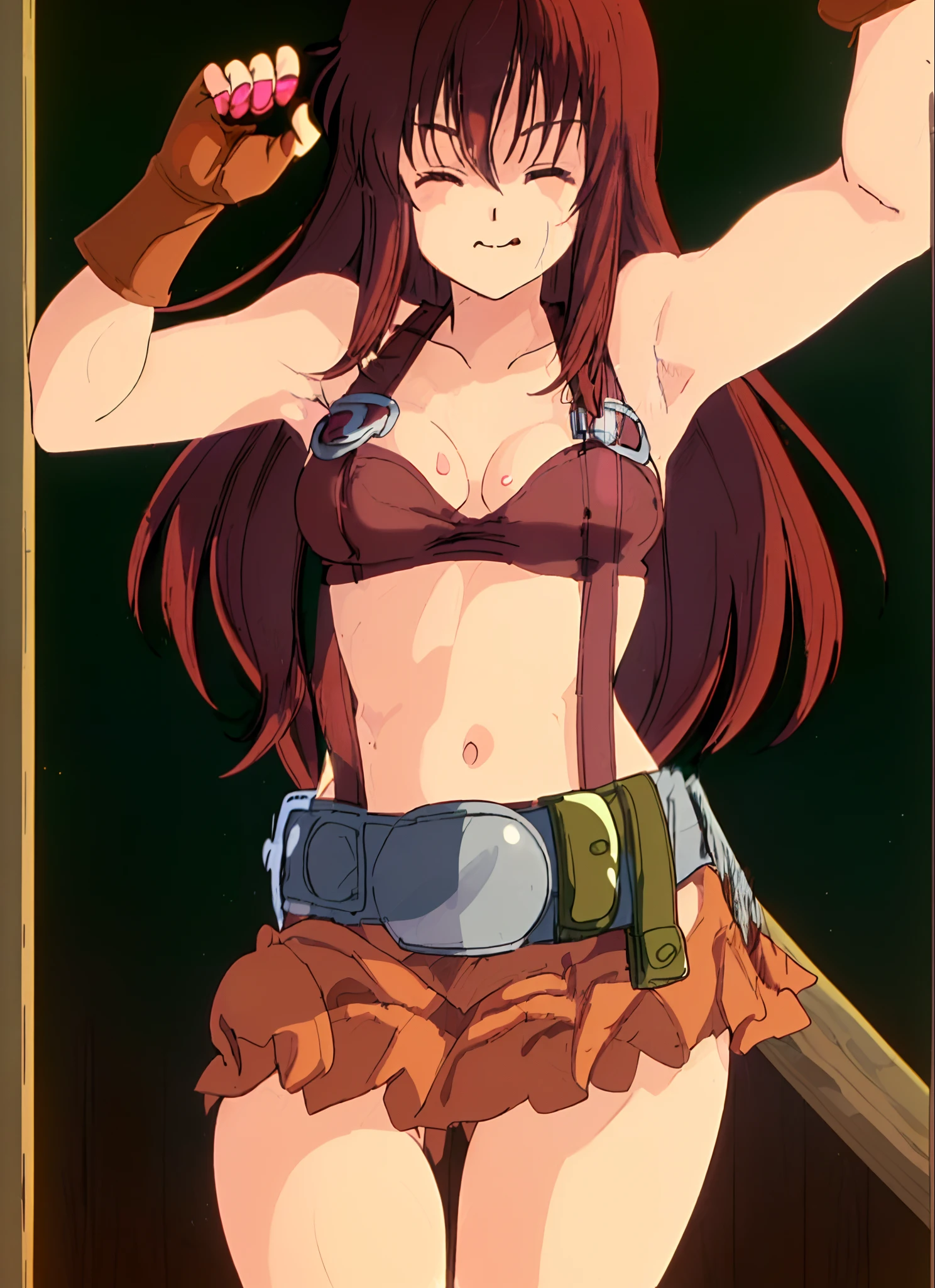 1girl tifa lockhart, solo, thick lips, arm up, armpits, artist name, belt, black hair, breasts, brown eyes, cleavage, closed mouth, collarbone, cowboy shot, crop top, earrings, elbow gloves, elbow pads, gloves, jewelry, large breasts, lips, long hair, low-tied long hair, midriff, navel, one eye closed, outdoors, skirt, smile, solo, stomach, suspenders, tank top, upper body, ((masterpiece)), in HNKstyle, 80's anime style