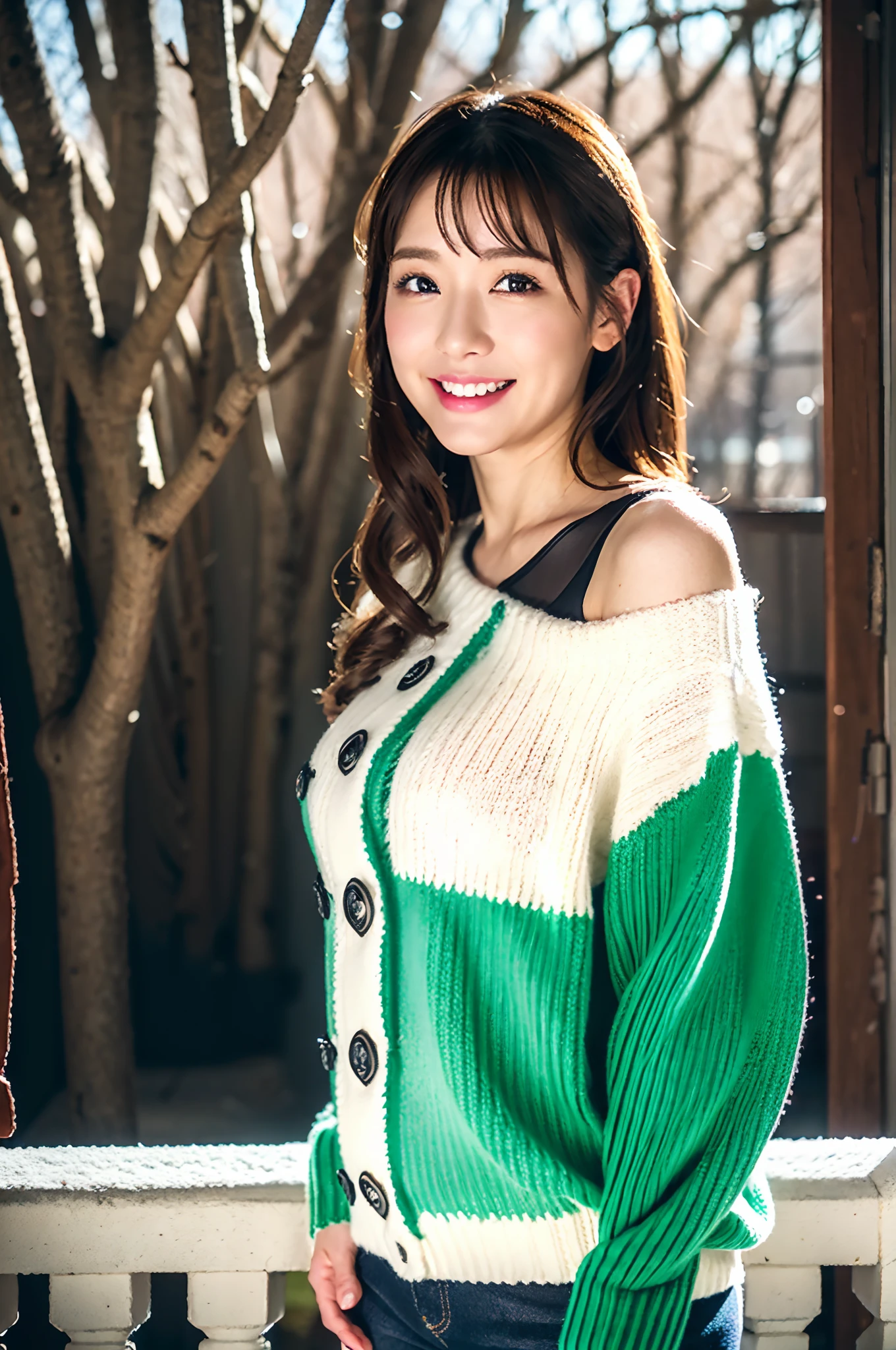 Winter scene、Snow Run、snowfall、((Colorful oversized sweater、leggins))、depth of fields,Real Light,Ray traching,OC Renderer,UE5 Renderer,Hyper-realistic,best qualtiy,8K,Works of masters,super-fine,Correct anatomy、Asian Women, (8K、RAW Photos、top-quality、masterpiece:1.2)、(realisitic、Photorealsitic:1.37)、Solo、25-years old、1人、light brown hair、详细的脸、Detailed lips、detailedeyes、(huge-breasted:1.5)、Alafed Women、Smile、broad shoulder、