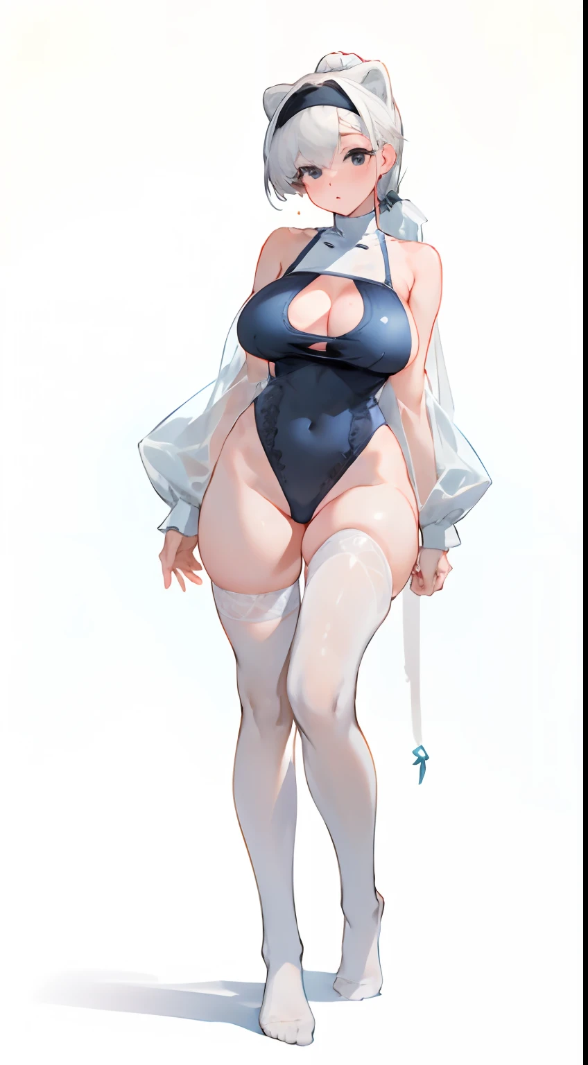 Bigboobs,cropped shoulders,White knee-length stockings,Deep V one-piece swimsuit,High ponytail,Stand up,Lace,No shoes on