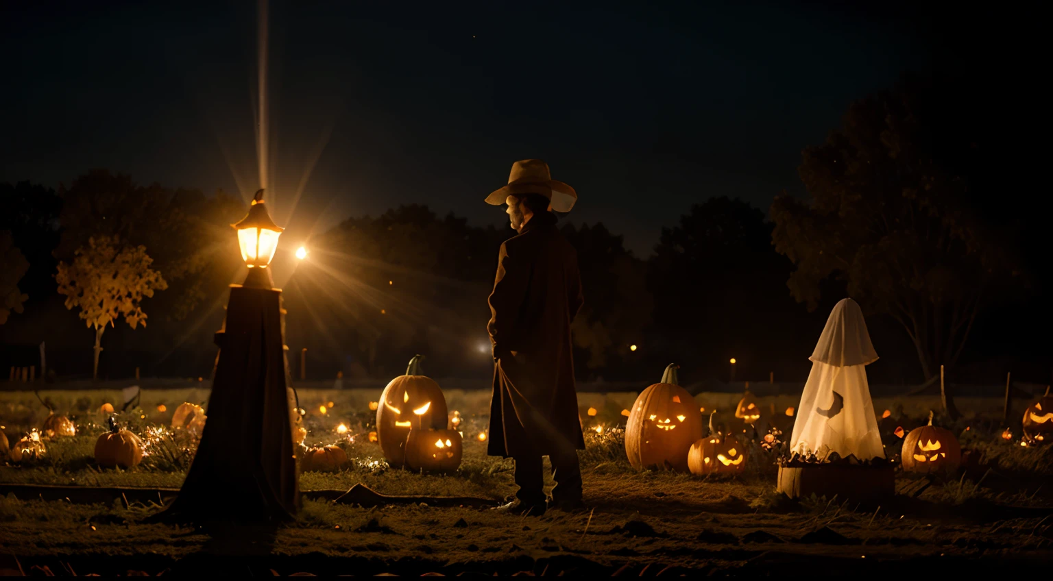 Pumpkin Patch Ghosts: Blend the whimsy of a pumpkin patch with ghostly apparitions rising from the ground, illuminating the scene with soft, ethereal lighting and a touch of mystery.