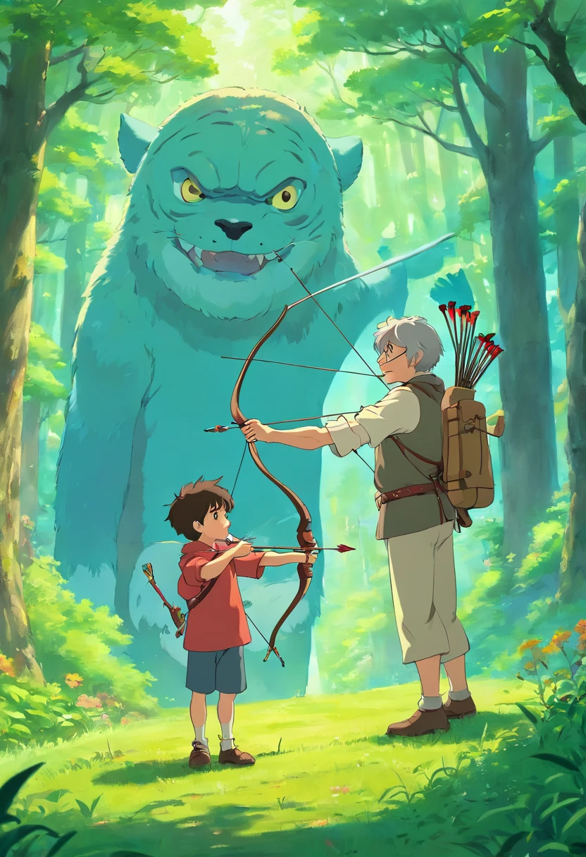 Dad teaches his son archery