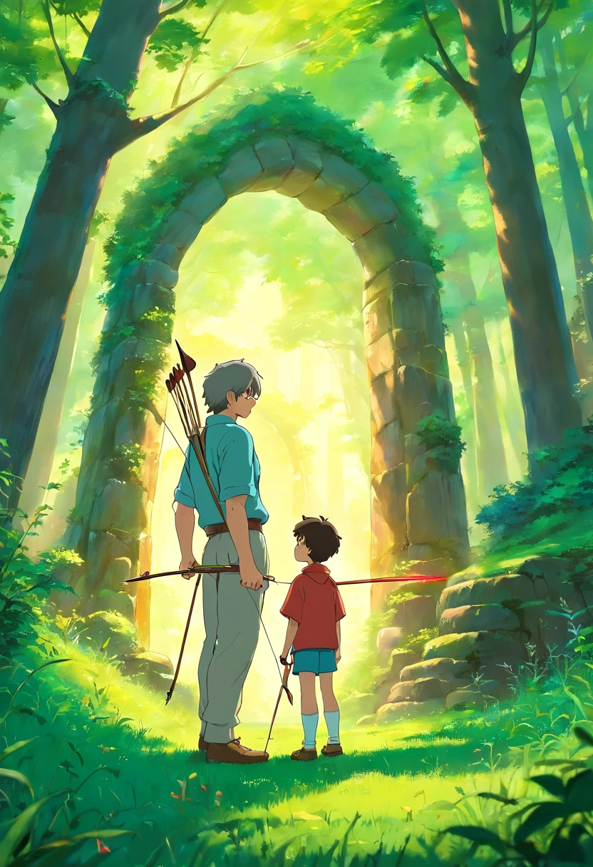 Dad teaches his son archery by hand