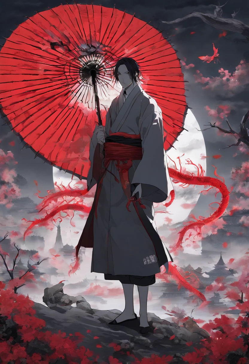 Man wearing a white haori in death attire with a red snake-eyed umbrella and Japan sword.The man has blue eyes and sharp canines. He's under a terrifying Yaezakura with the corpses of the people he killed., Blood dripping from the sword, A demon used as a male shikigami,A city that became a battlefield , A man illuminated by the crimson moon of night and miserable corpses around. The atmosphere is full of horror, Foggy, And an aura that you can be sure is the strongest, Images should be of the highest quality, 8K分辨率, and realistic. The color palette should be vivid, Furiously brings out the color of bright red spider lilies and cherry. Lighting should have an atmosphere, Focusing on the elements of man, yokai and shinigami. Moreover, Man has special abilities, Indicated by references to popular anime series "bleach." A man's aura and abilities are、Must be depicted using vibrant colors and visually appealing effects. He exudes power and fear of death throughout his existence.
