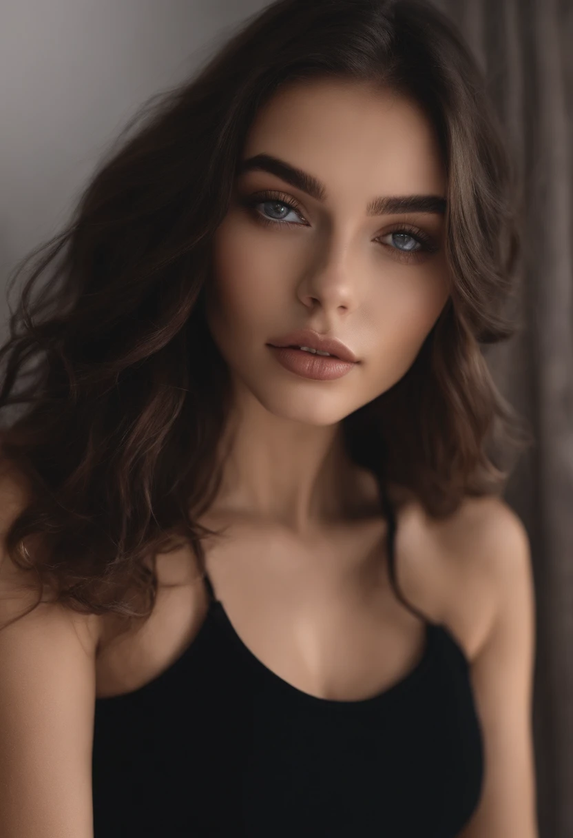 Arafed woman with black clothes, fille sexy aux yeux bruns, Portrait Sophie Mudd, cheveux bruns et grands yeux, selfie of a young woman, Yeux de chambre, Violet Myers, sans maquillage, maquillage naturel, looking straight at camera, Visage avec Artgram, Maquillage subtil, Superbe photo du corps entier, dans la chambre, clivage