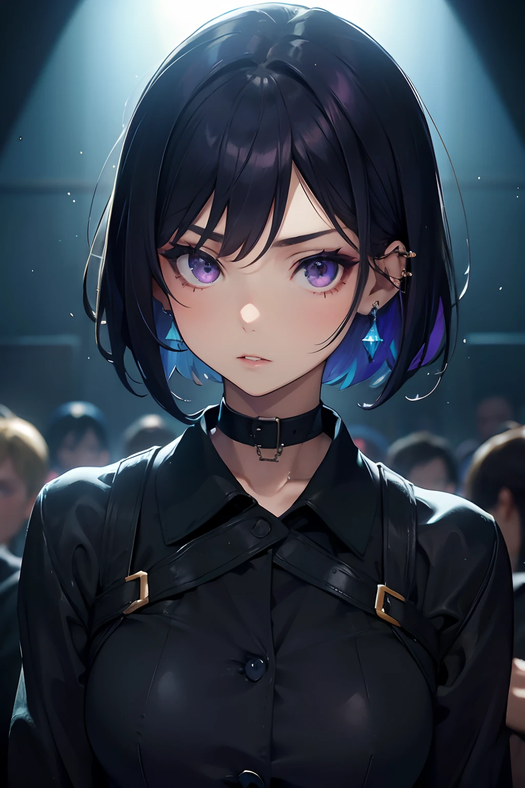 masutepiece, Best Quality, a 20 yo woman, Cool Face,Shadow,Bery short hair,Live Music Club,Purple eyes,blac hair,Lapis Lazuli Gemstone Choker,Sharp eyes,tight outfit,Mixed background with black, blue and green,drum,The artists,audience,highly contrast,close up,Beautiful lips,Big piercings,Large Black Jacket,Grains of light,The upper part of the body