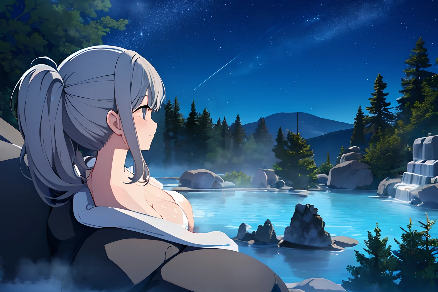 , Outdoor,(night),hot spring,inhot spring,steam,Rika Jougasaki,Yellow and orange hair hoop, smile, Open your mouth,starry skies,shooting star,,(naked),Small breasts,1boy,vaginale,Sex,