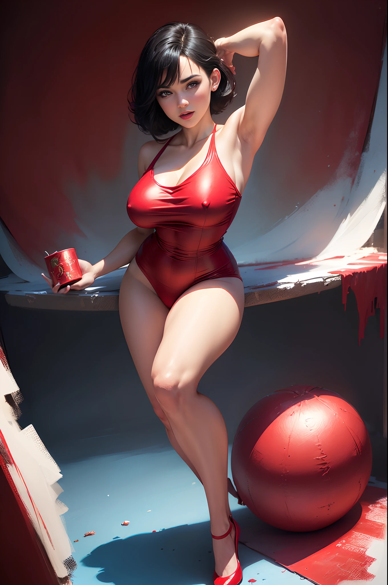(best quality,ultra-detailed,realistic:1.37),woman dressed in a short red dress, beautiful detailed eyes, beautiful detailed lips, short black hair, happy and excited face, red shorts, holding a blue Christmas present, expressive pose, artistic lighting, portrait, contrasting colors, dynamic composition, colorful background Santa's workshop at the North Pole, (full body:1.5)