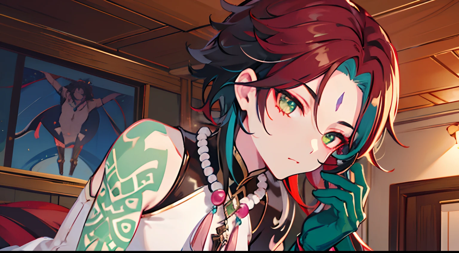 best quality, best anatomy, beautiful face, press arm on bed, xiao, (genshin impact), gloves, tattoo, arm tattoo, necklace, jewelry, red hair, dark red hair, bead necklace, mark on forehead, red mark on forehead, multicolored hair, beads, green eyes, 1boy, male focus, high detail,best quality, detail hands, detail face, illustrator, masterpiece, 8K HD, shine, inside, ceiling behind, side view, side pov, looking at bed