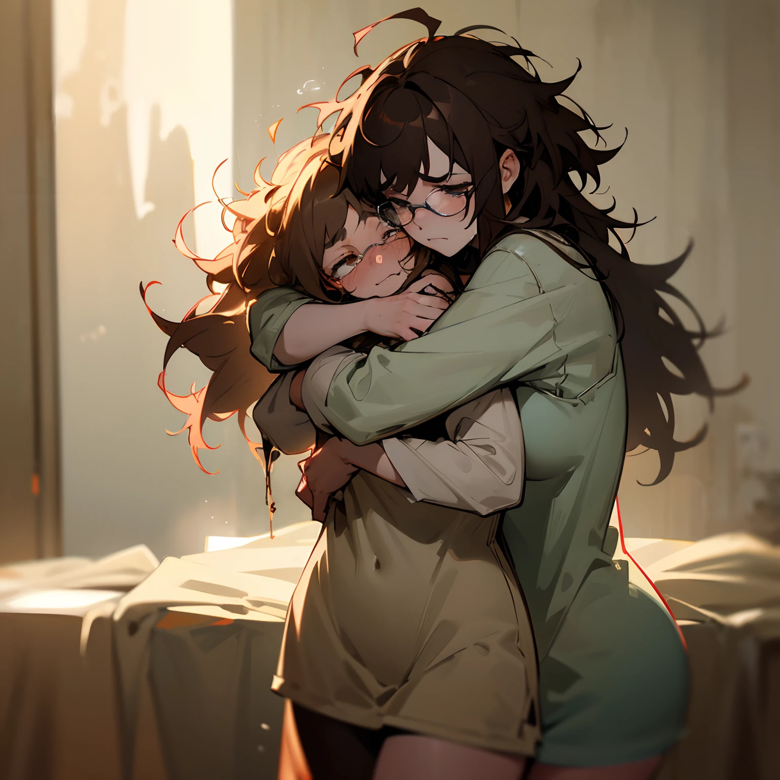 volumetric lighting, ambient lighting, highres, masterpiece, 8k, sad, crying, detailed dark hair, (messy hair), long greasy hair, disheveled, unwashed, thick eyebrows, worn dirty camisole, (wearing glasses), (hugging), loving embrace