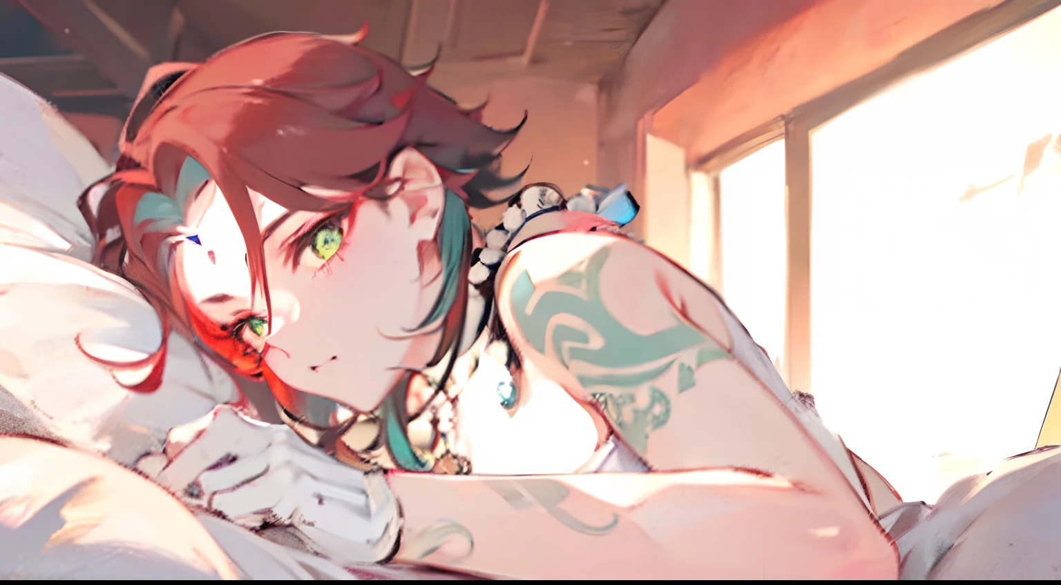 best quality, best anatomy, beautiful face, press arm on bed, xiao, (genshin impact), gloves, tattoo, arm tattoo, necklace, jewelry, red hair, dark red hair, bead necklace, mark on forehead, red mark on forehead, multicolored hair, beads, green eyes, 1boy, male focus, high detail,best quality, detail hands, detail face, illustrator, masterpiece, 8K HD, shine, inside, ceiling behind, side view, side pov, looking at bed, naughty expression, blush, big smile, open mouth, horny expression, horny, bitch, slut