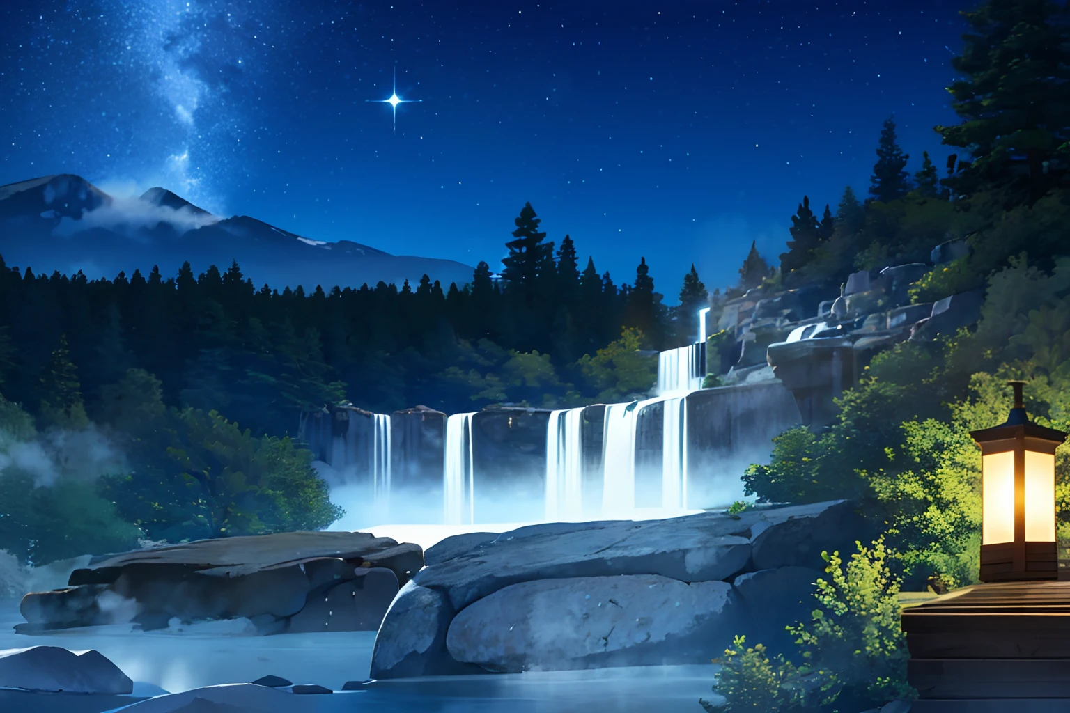 {high quality}, 1girl, gray hair, {bath towel}, {nature bath}, {hot spring}, {open air bath}, view from below, {steam}, {stars shining}, tree behind, rock behind,