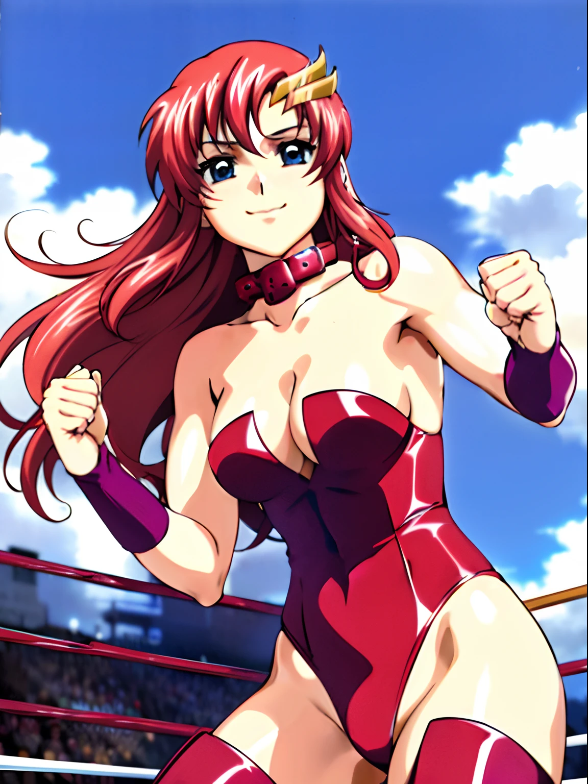 solo, (((red strapless wrestling outfit, collar, red boots))), (upper body view, closed mouth, happy, Best Quality, Anime style: 1.9, Adult Woman, (cloud background), Anime, lacus4), 1girl, Solo, 鎖骨, (very long hair, wide bangs, Hair Ornament, Detailed reddish-pink hair, golden crest), large hands, (blue eyes), ((little biceps, slender body, hourglass figure, broad shoulders, closed fists)), ((perfect proportions, medium breasts, cleavage, long belly)), (((mini red wrestling outfit))